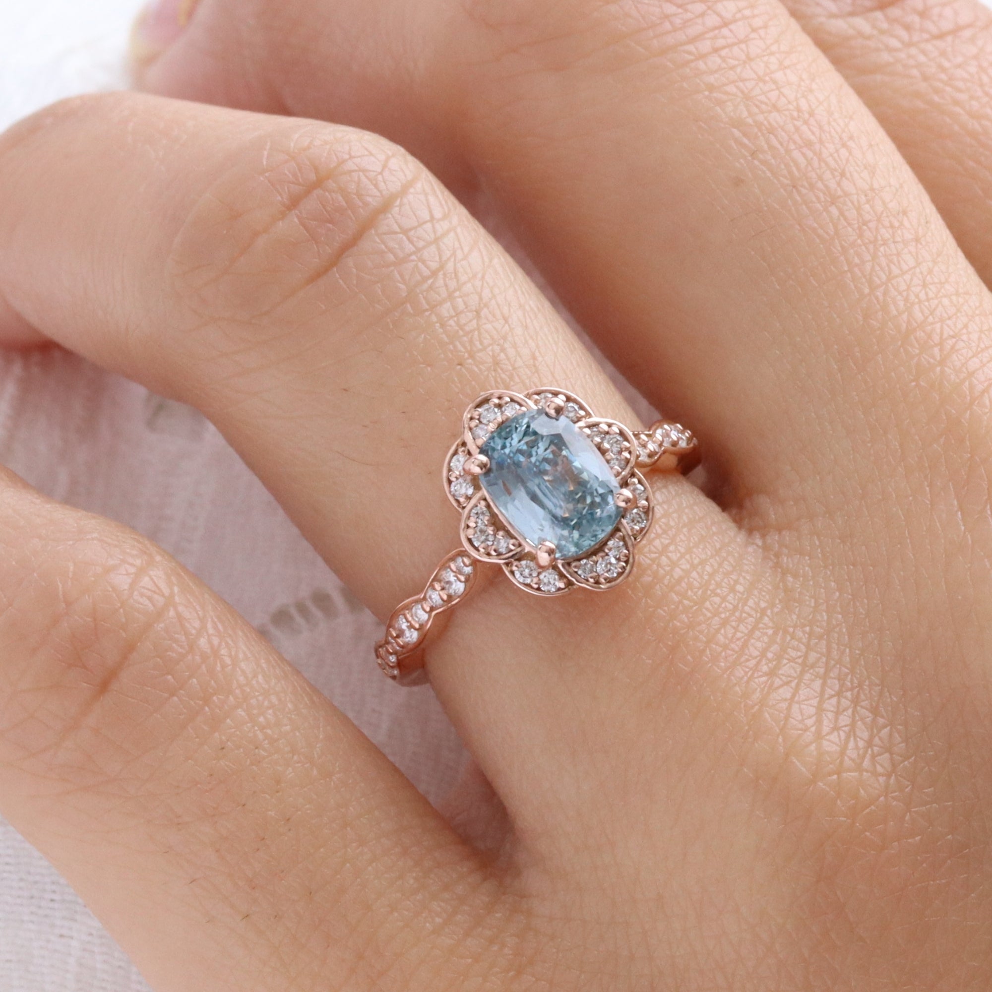 Aqua blue sapphire ring rose gold vintage floral oval blue sapphire diamond engagement ring la more design jewelry