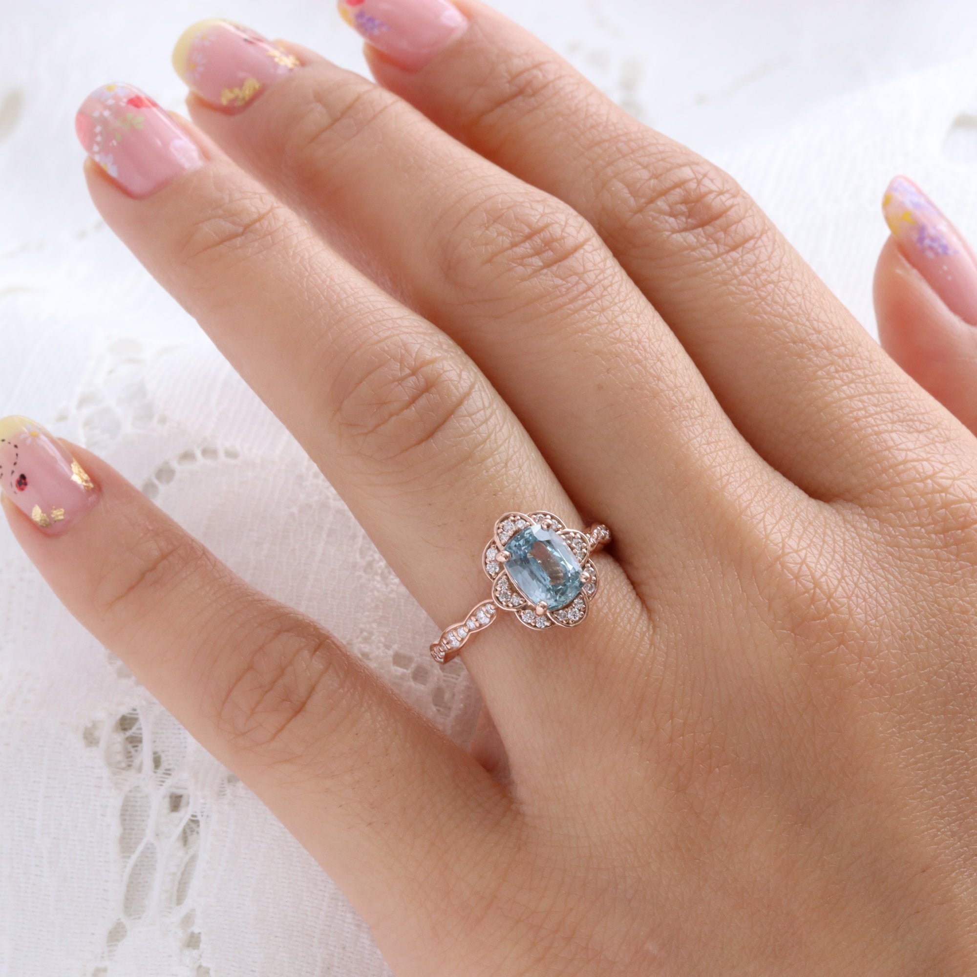 Aqua blue sapphire ring rose gold vintage floral oval blue sapphire diamond engagement ring la more design jewelry