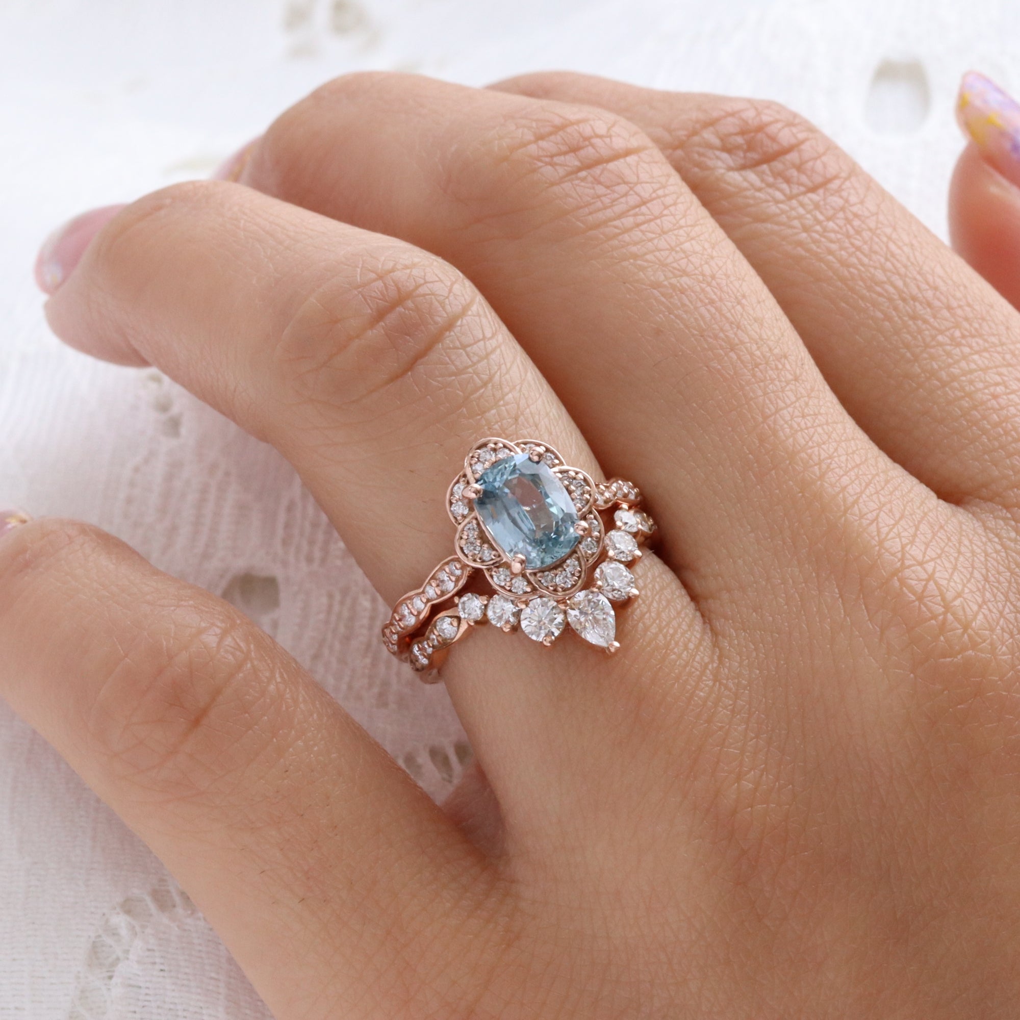 Aqua blue sapphire ring rose gold vintage floral oval blue sapphire diamond engagement ring la more design jewelry