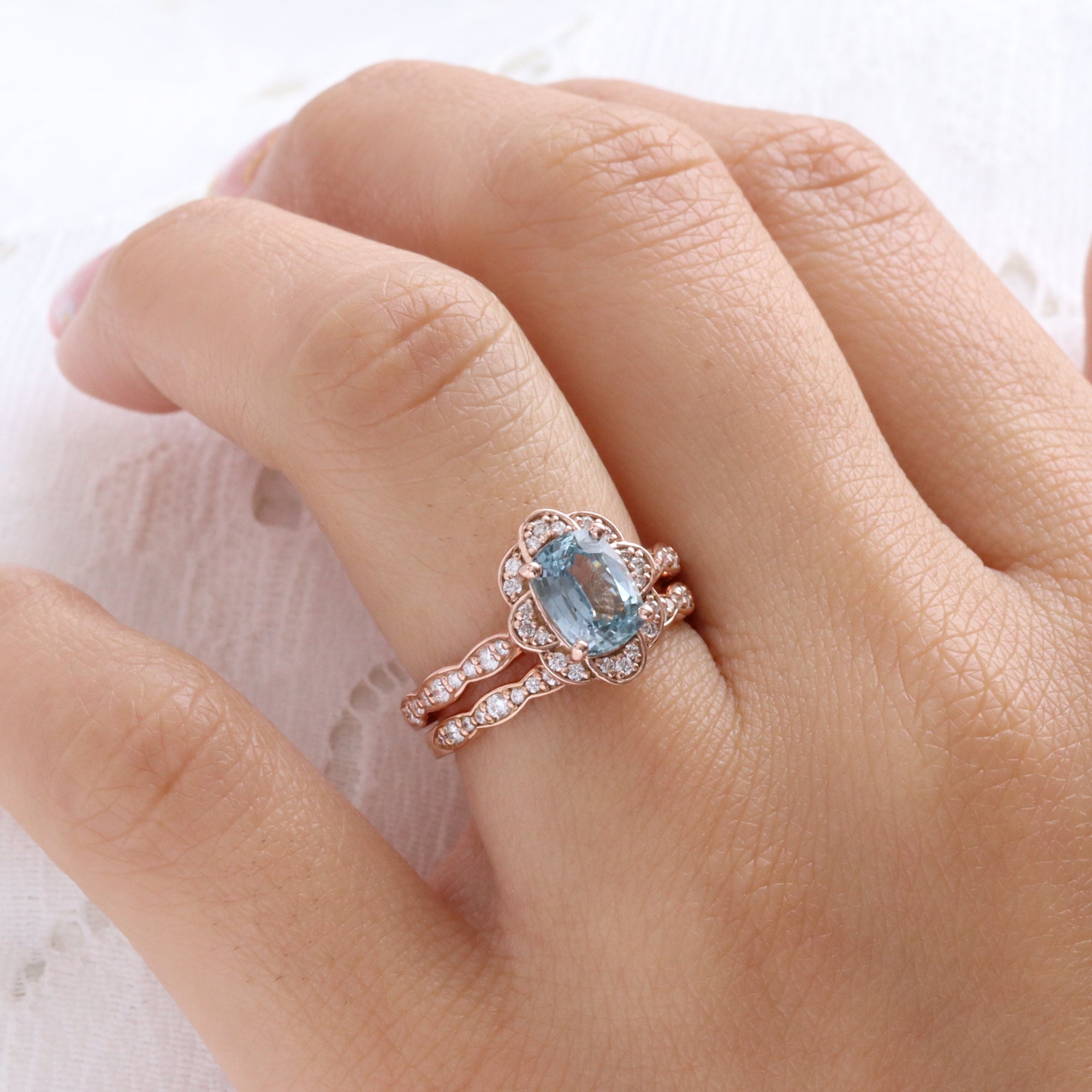 Aqua blue sapphire ring rose gold vintage floral oval blue sapphire diamond engagement ring la more design jewelry