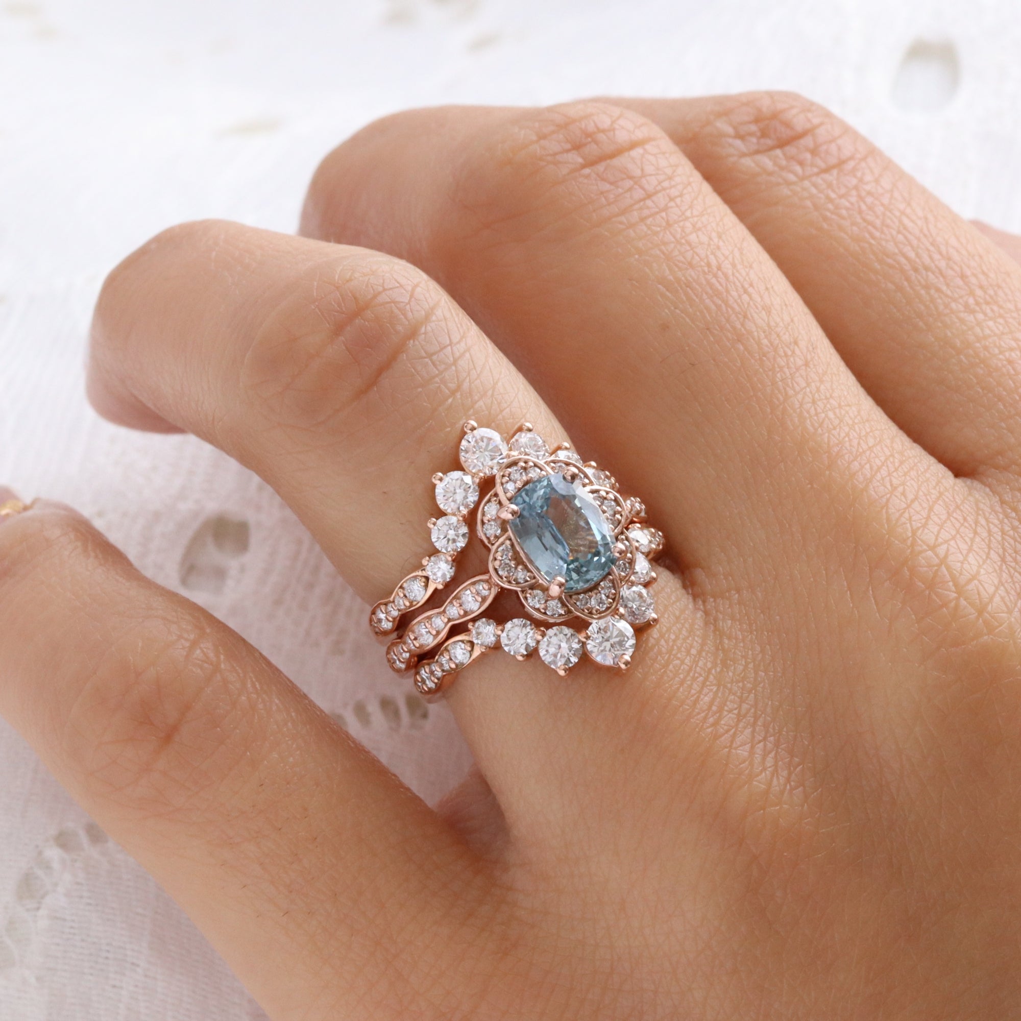 Aqua blue sapphire ring rose gold vintage floral oval blue sapphire diamond engagement ring la more design jewelry