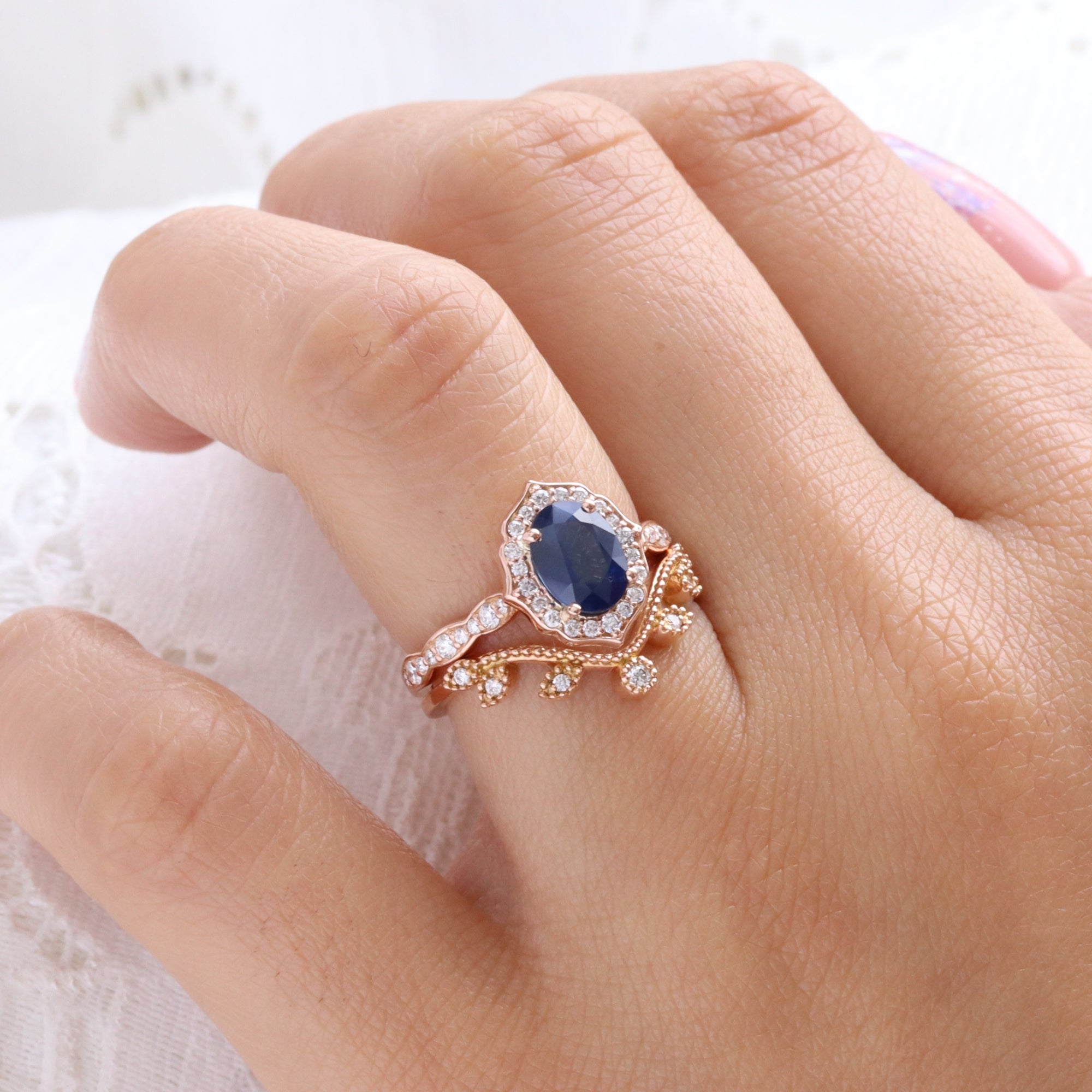 Australian Dark Blue Sapphire Ring Rose Gold Vintage Halo Diamond