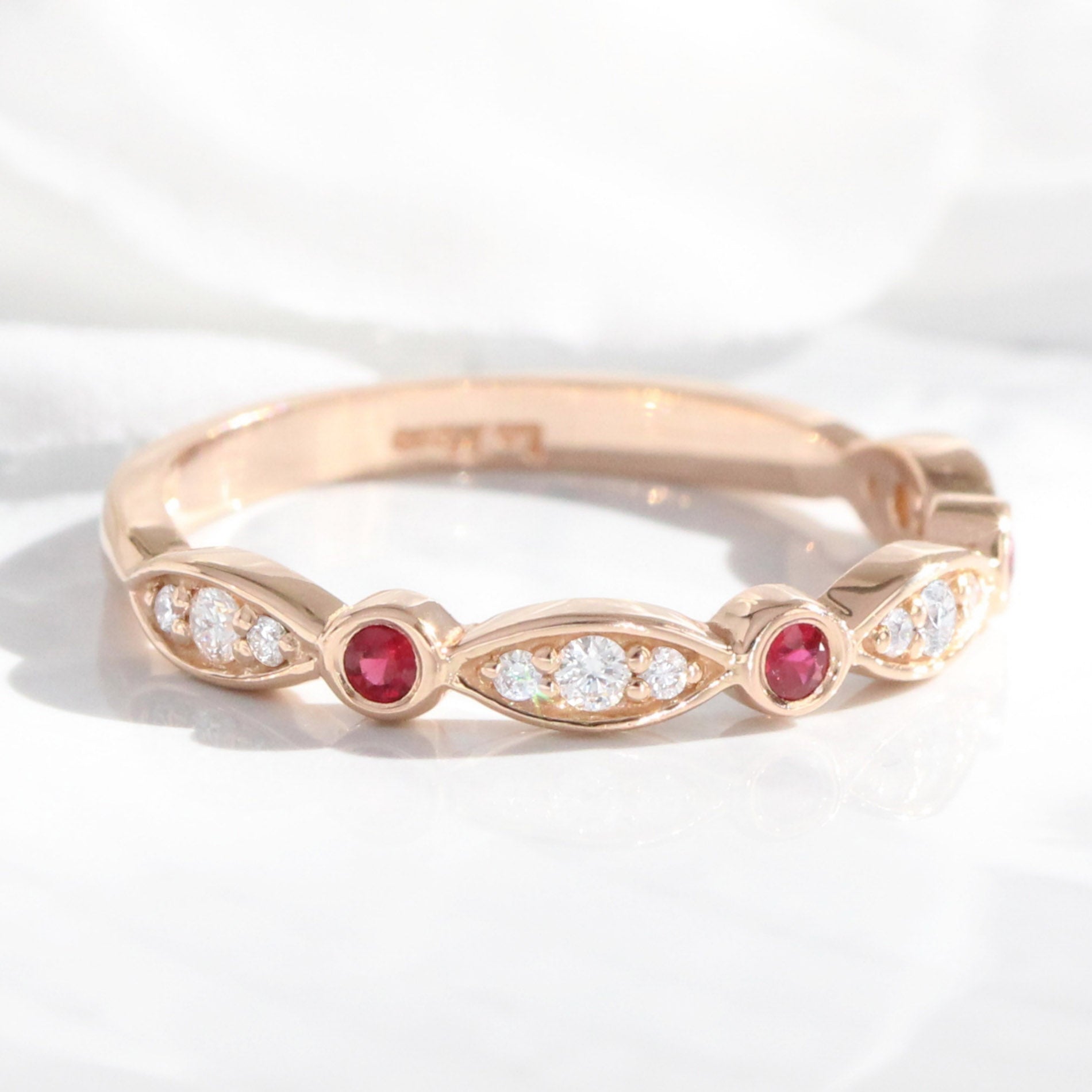 Bezel diamond and ruby wedding ring rose gold scalloped half eternity band la more design jewelry