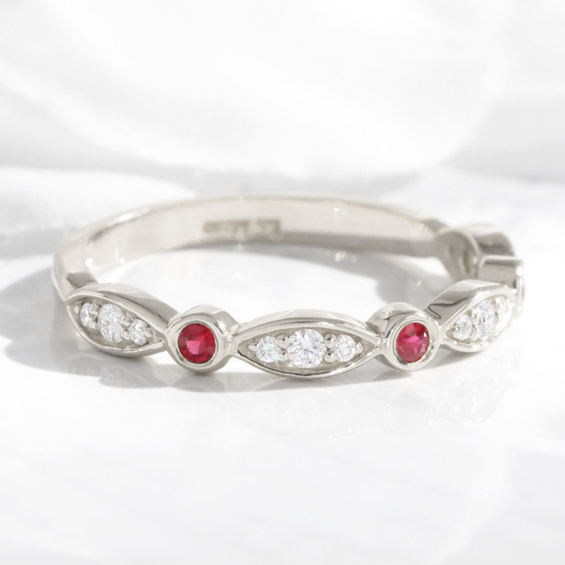 Bezel diamond and ruby wedding ring white gold scalloped half eternity band la more design jewelry