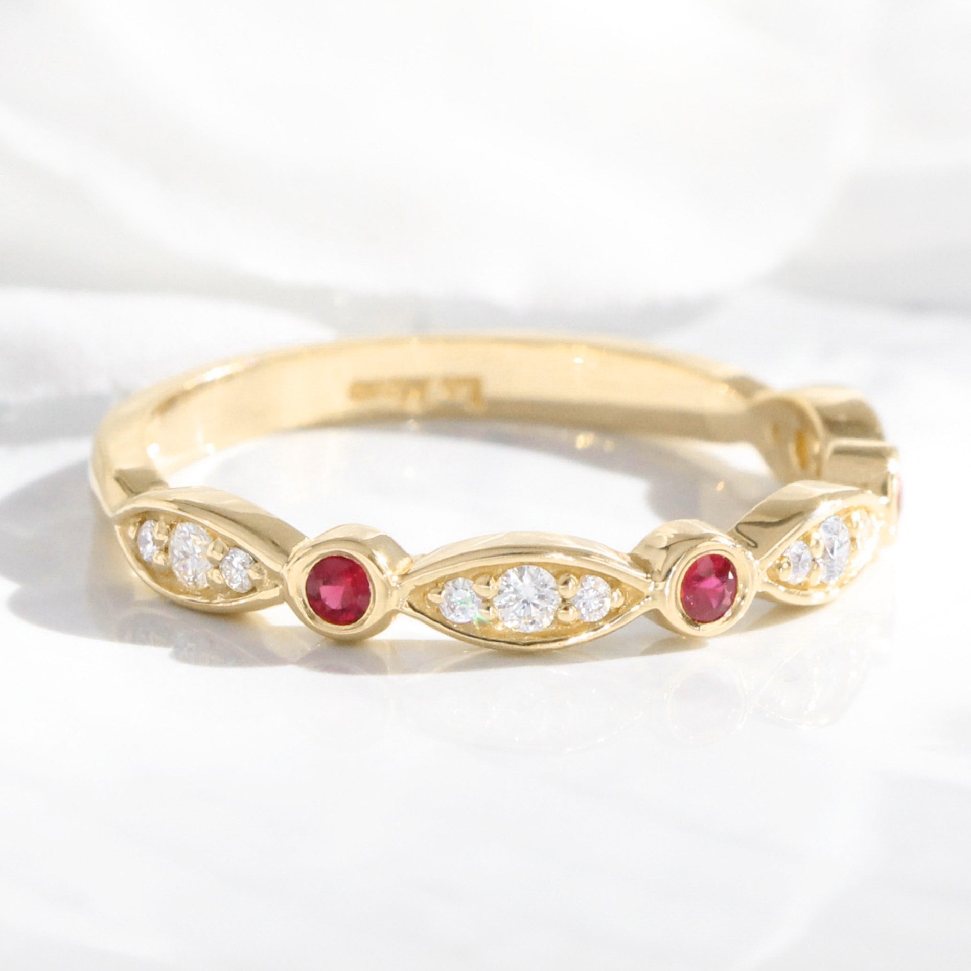 Bezel diamond and ruby wedding ring yellow gold scalloped half eternity band la more design jewelry