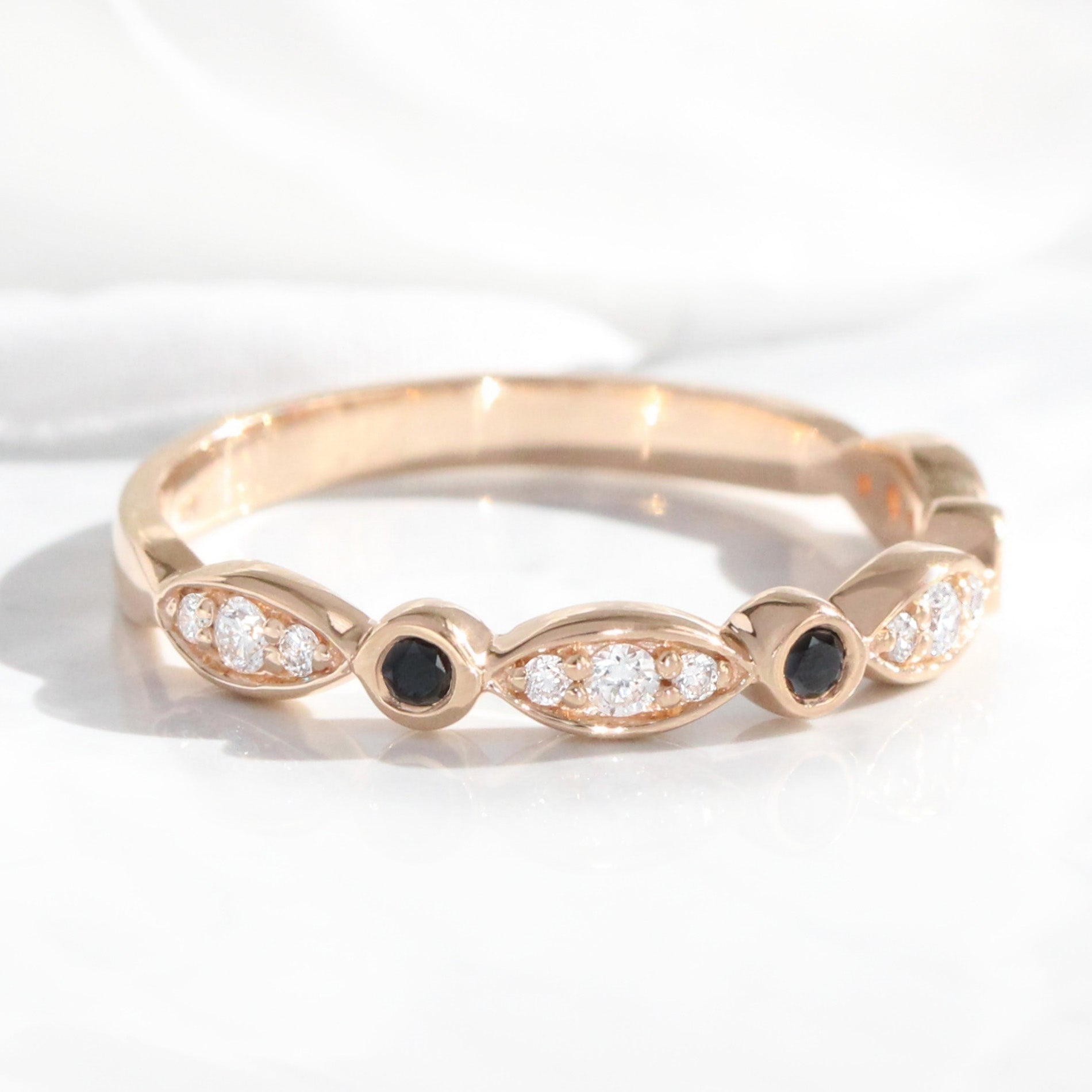 Bezel white and black diamond wedding ring rose gold scalloped half eternity band la more design jewelry
