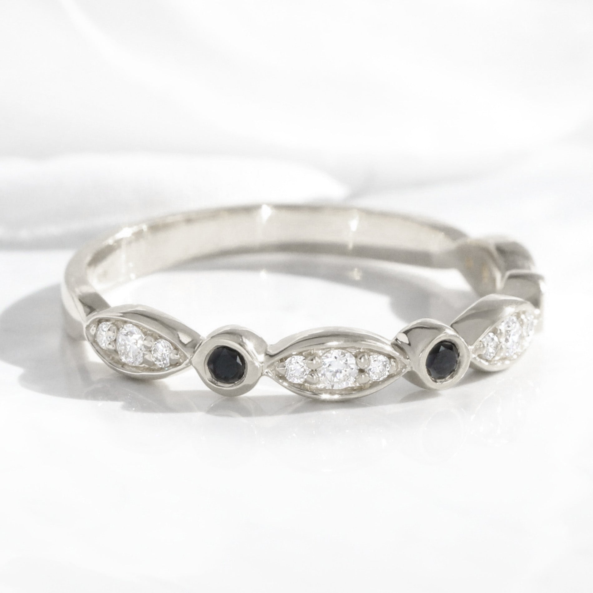 Bezel white and black diamond wedding ring white gold scalloped half eternity band la more design jewelry