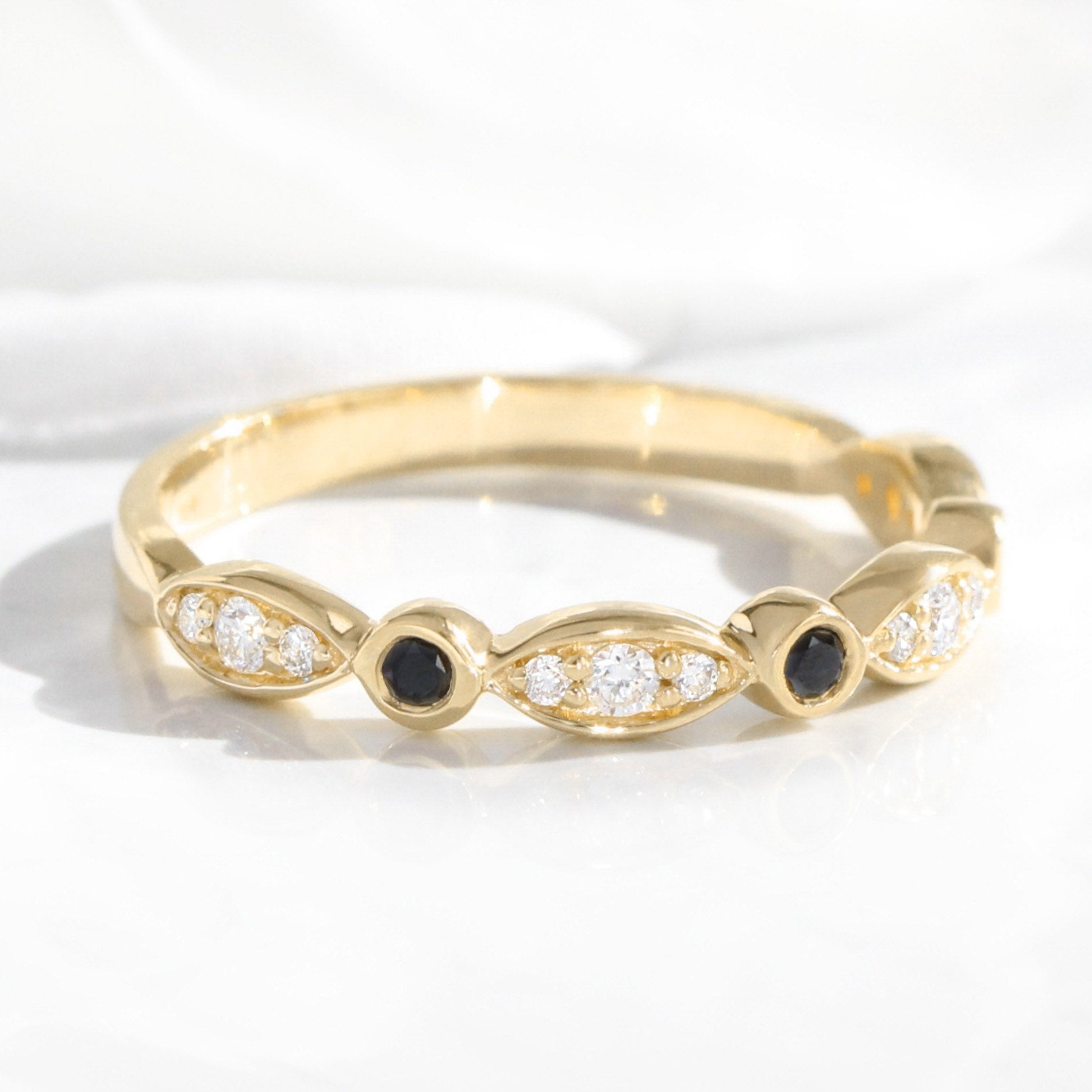 Bezel white and black diamond wedding ring yellow gold scalloped half eternity band la more design jewelry