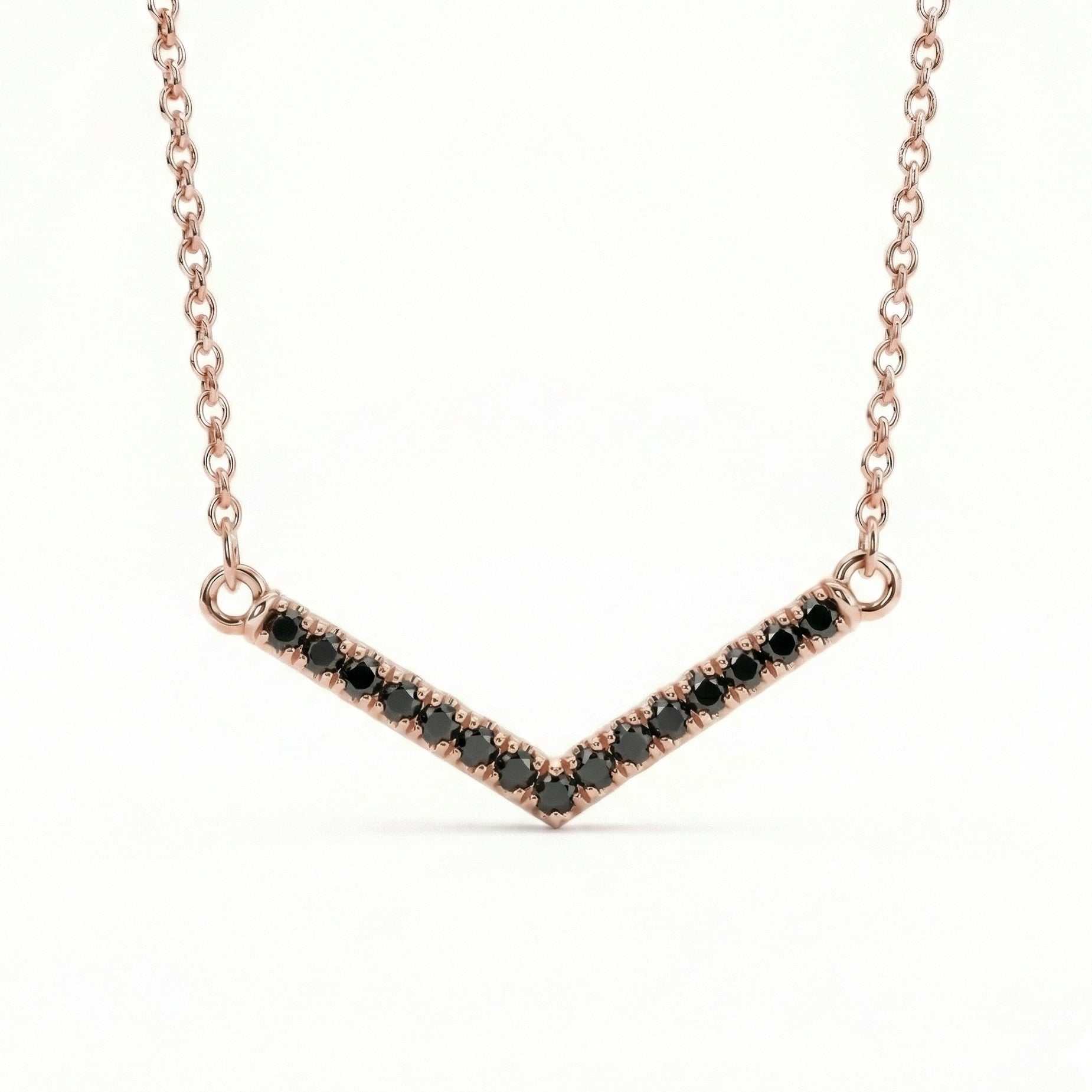 Black diamond chevron necklace 14k rose gold curved v shaped black diamond pendant with gold chain by la more design jewelry