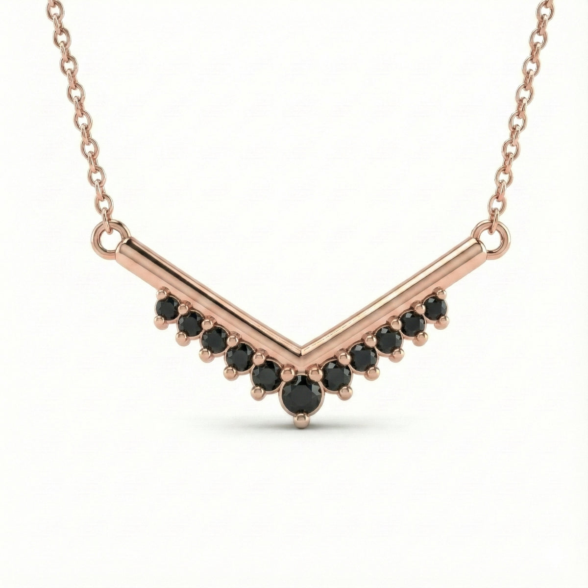 Black diamond chevron necklace 14k rose gold v shaped pave diamond pendant with gold chain by la more design jewelry