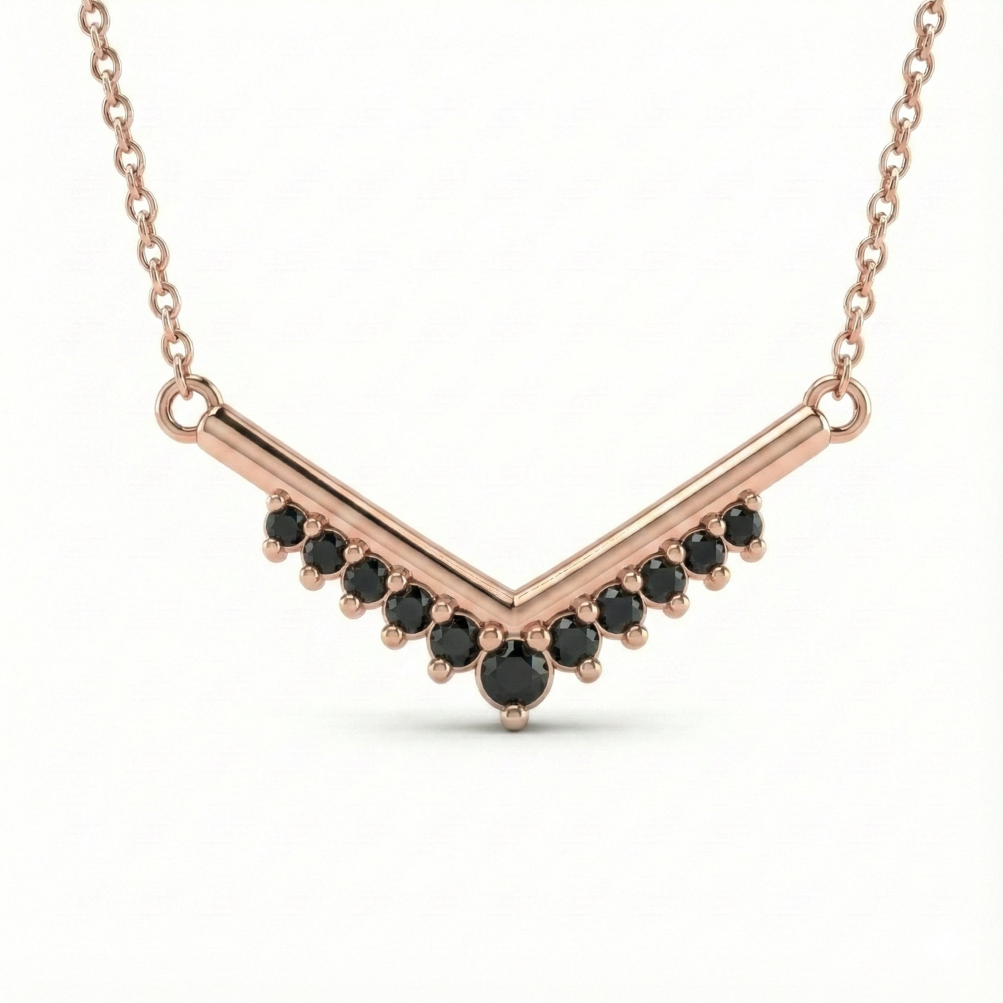 Black diamond chevron necklace 14k rose gold v shaped pave diamond pendant with gold chain by la more design jewelry