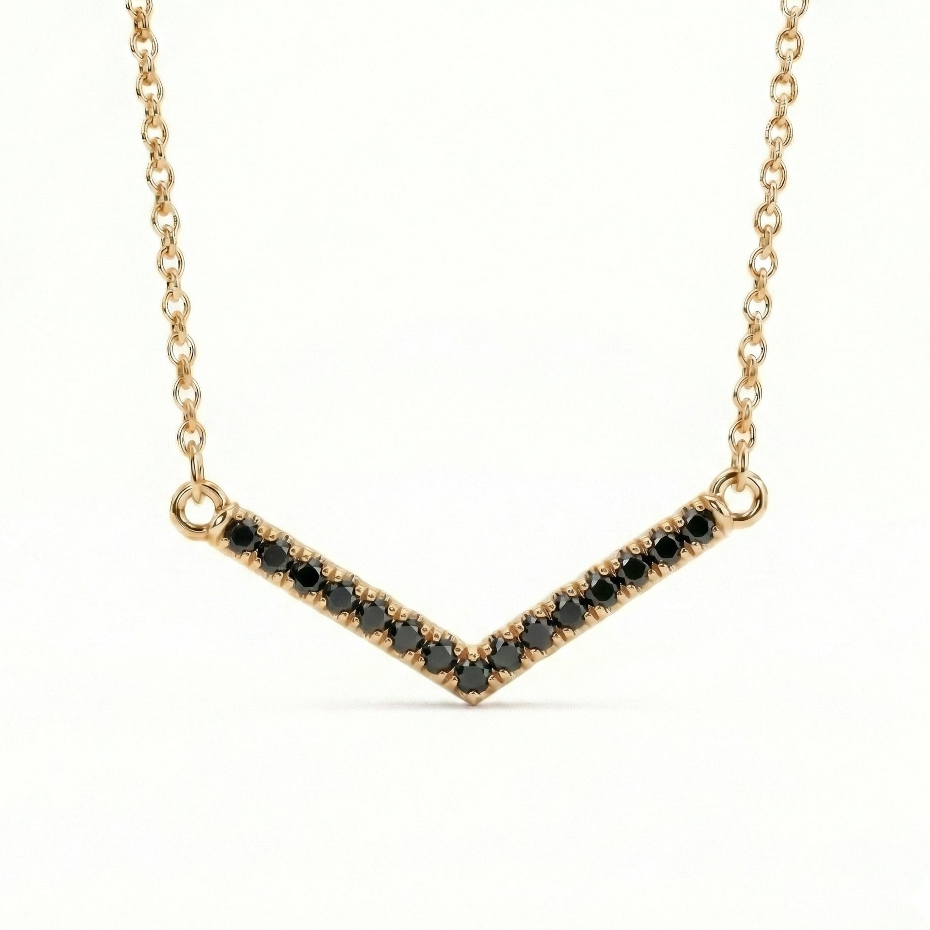Black diamond chevron necklace 14k yellow  gold curved v shaped black diamond pendant with gold chain by la more design jewelry