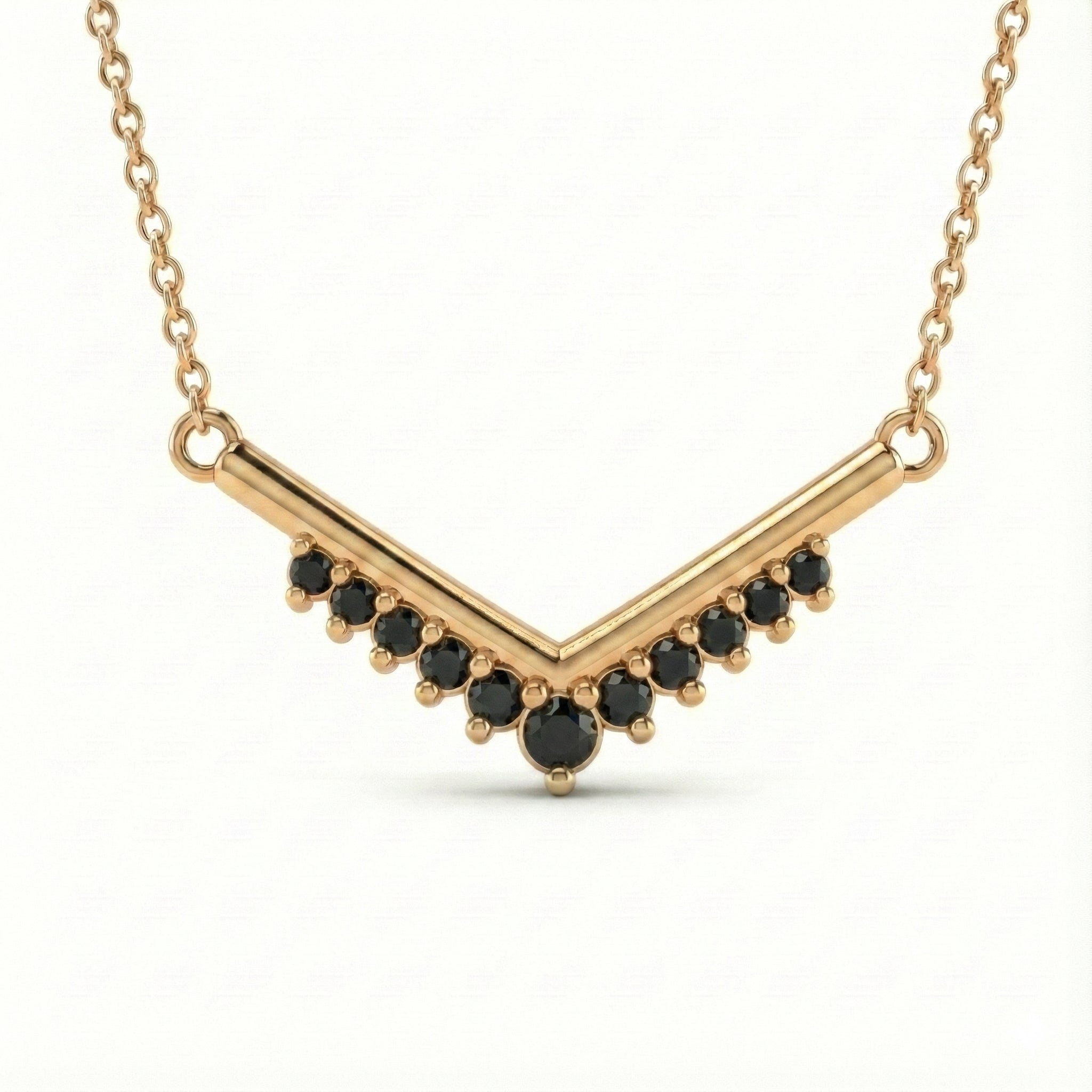 Black diamond chevron necklace 14k yellow gold v shaped pave diamond pendant with gold chain by la more design jewelry