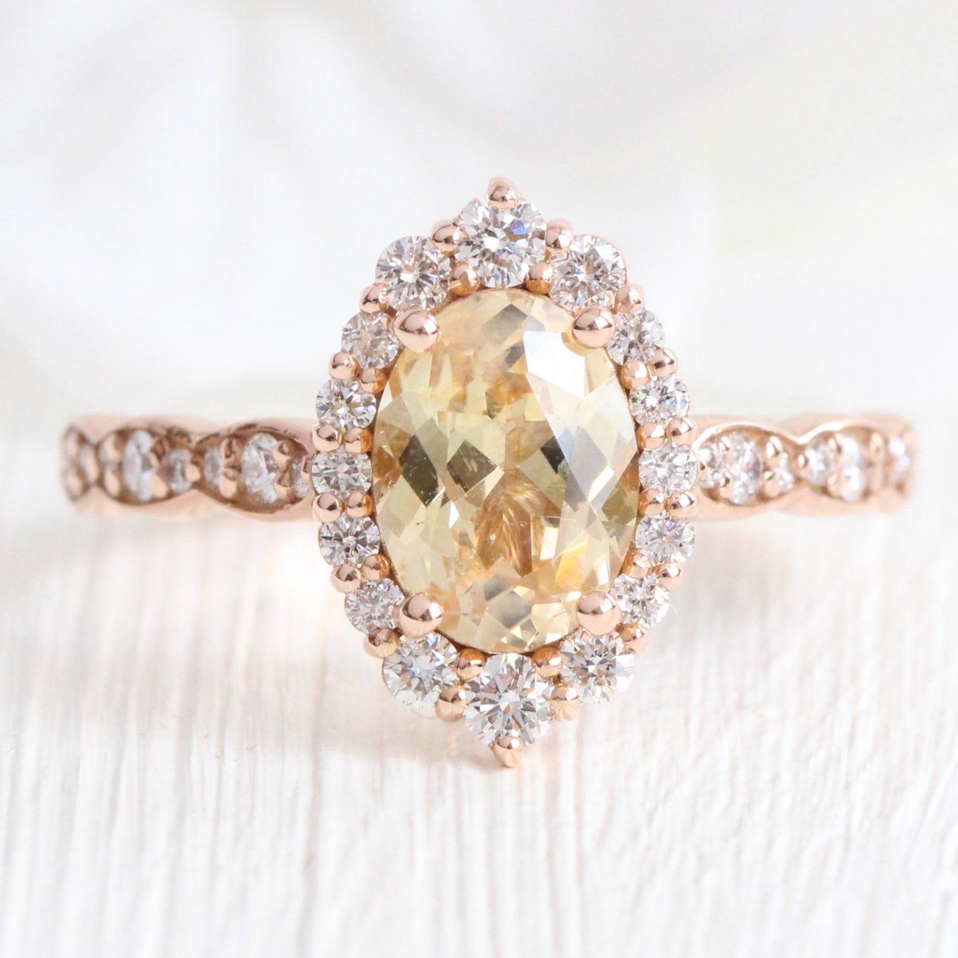 Champagne yellow sapphire ring rose gold halo diamond sapphire ring la more design jewelry