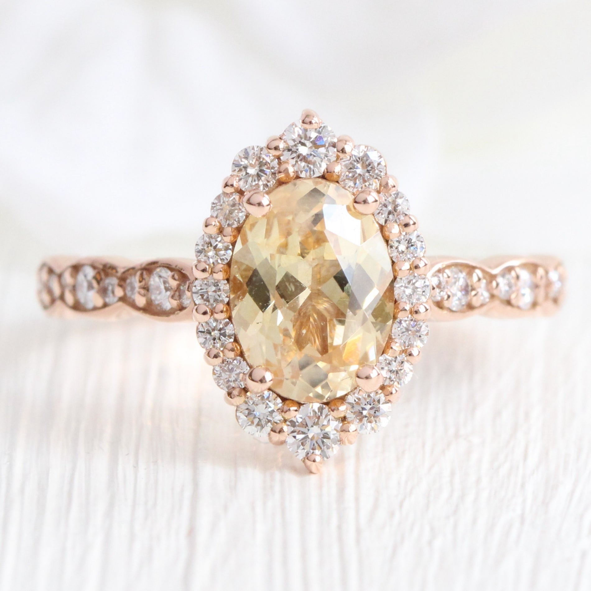 Champagne Yellow Sapphire Ring Rose Gold Halo Diamond Engagement