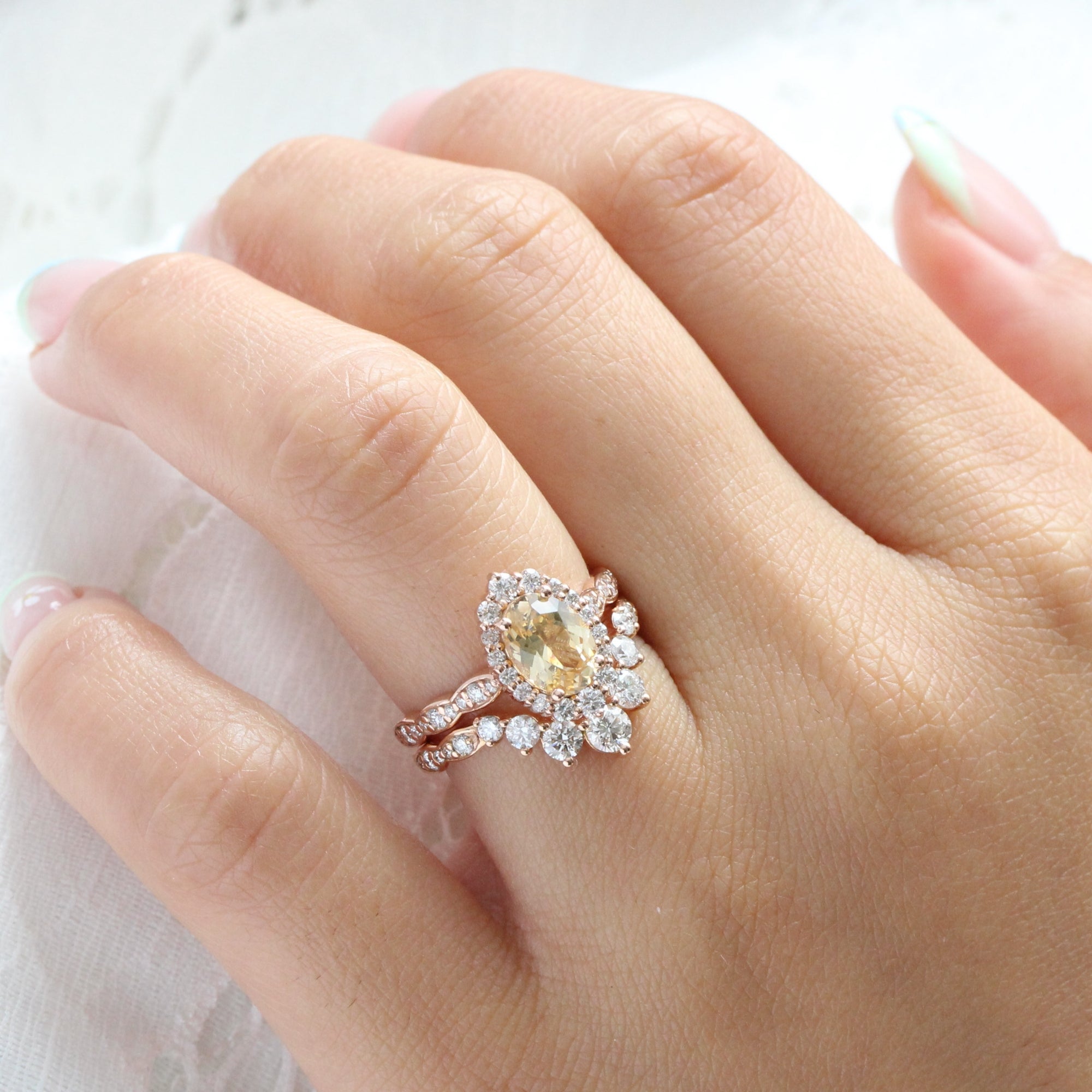 Champagne yellow sapphire ring rose gold halo diamond sapphire ring la more design jewelry