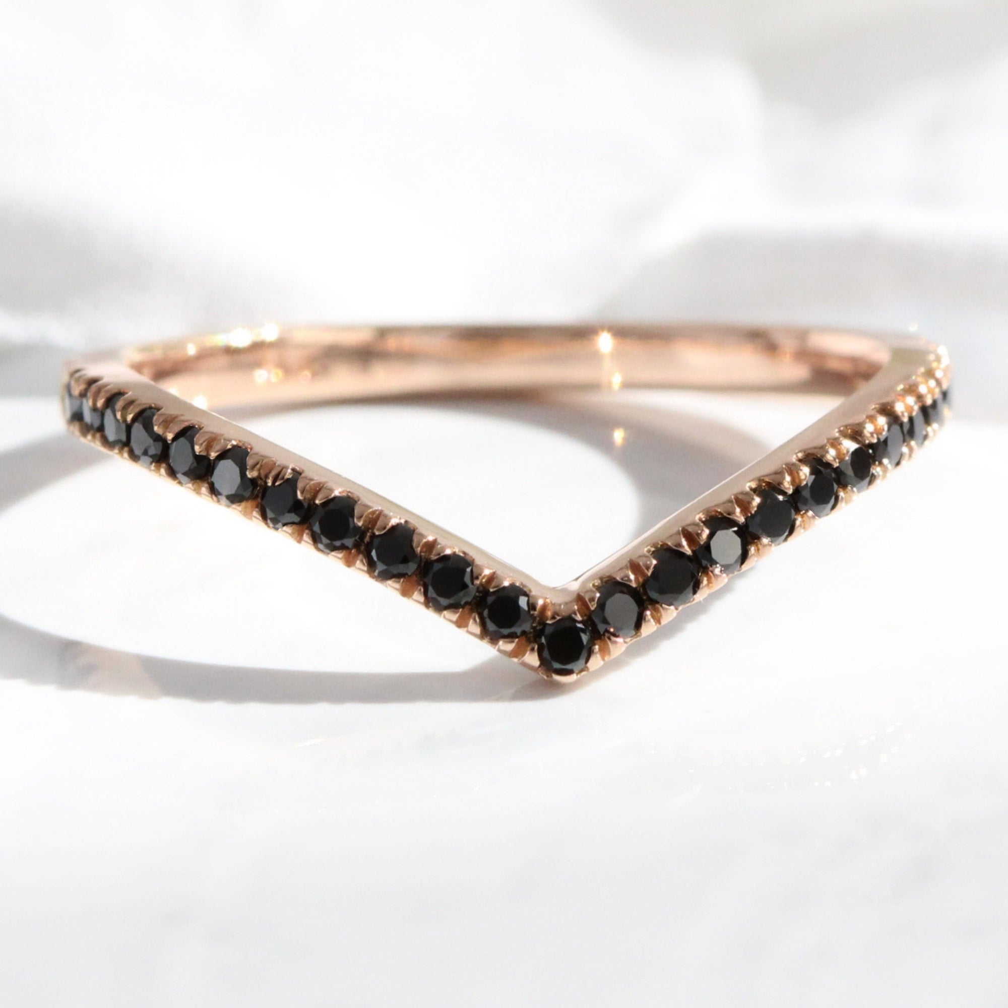 Chevron Black Diamond Wedding Ring Rose Gold V Shaped Curved Pave Band La More Design Jewelry