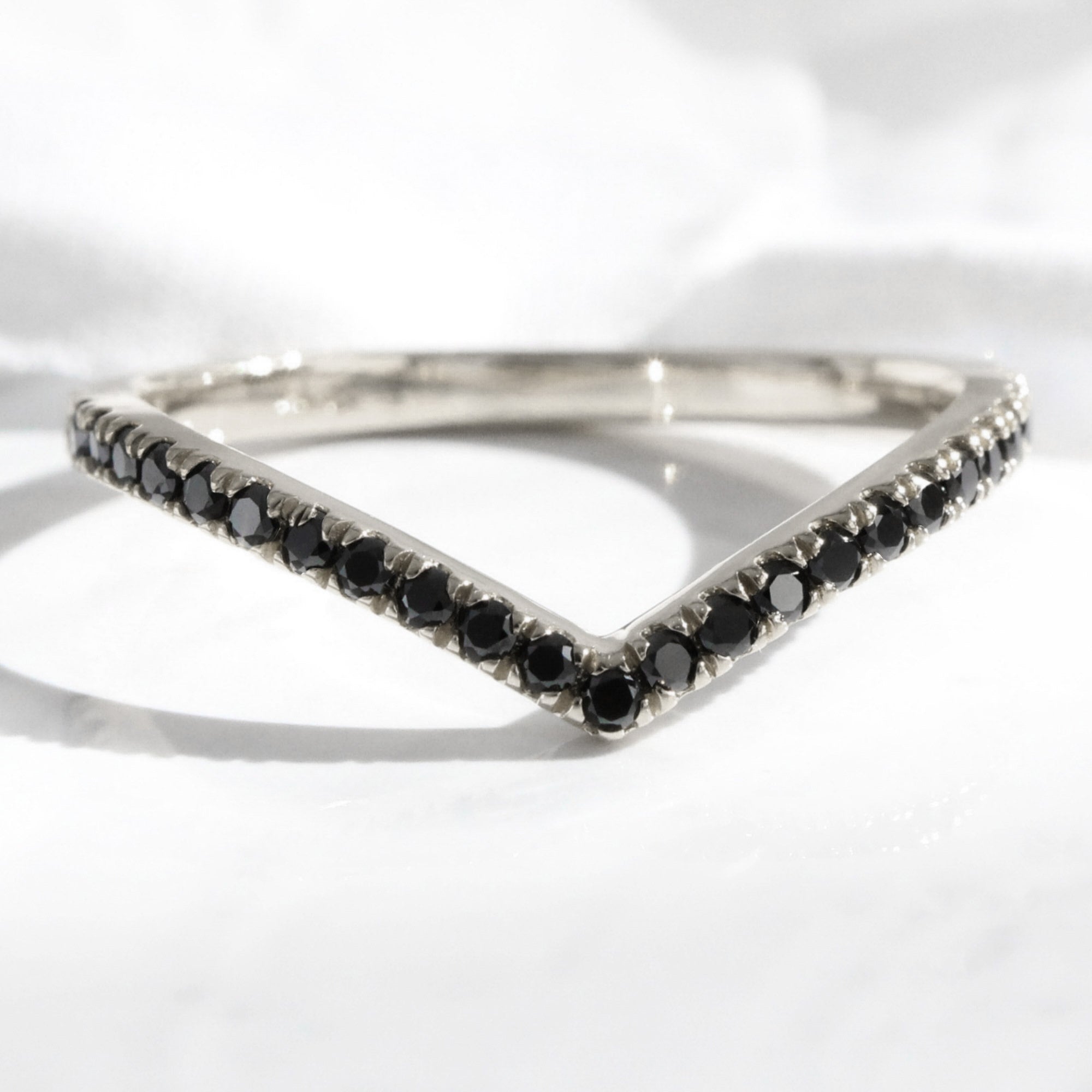 Chevron Black Diamond Wedding Ring white Gold V Shaped Curved Pave Band La More Design Jewelry