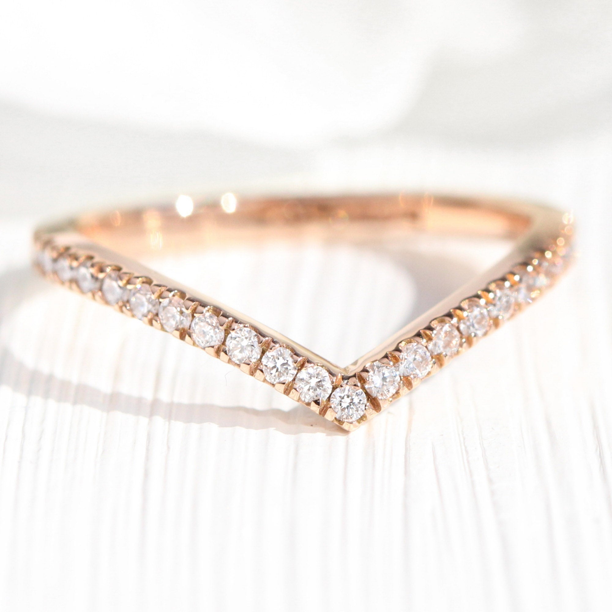 Chevron Diamond Wedding Ring Rose Gold V Shaped Curved Pave Band La More Design Jewelry