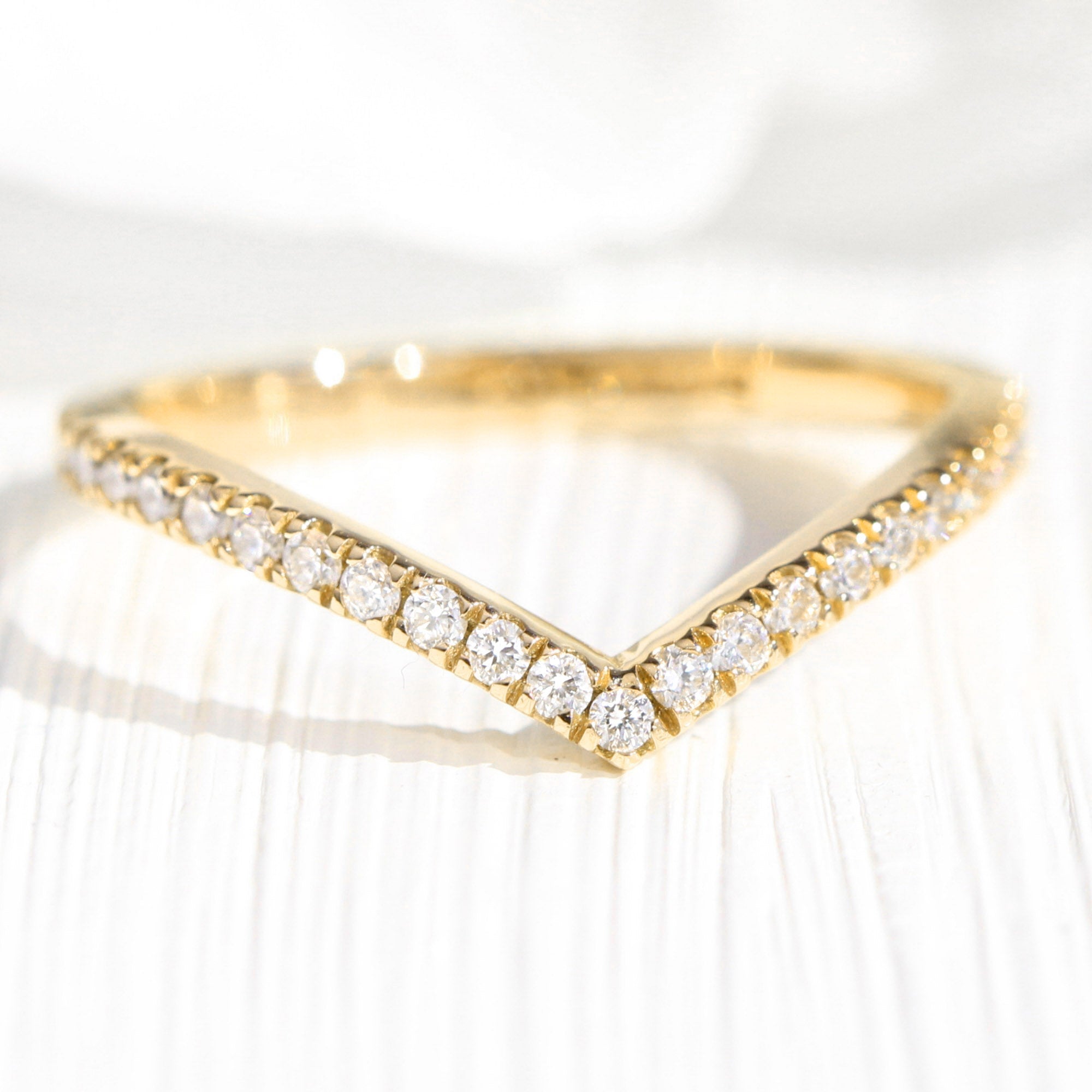 Chevron Diamond Wedding Ring yellow Gold V Shaped Curved Pave Band La More Design Jewelry