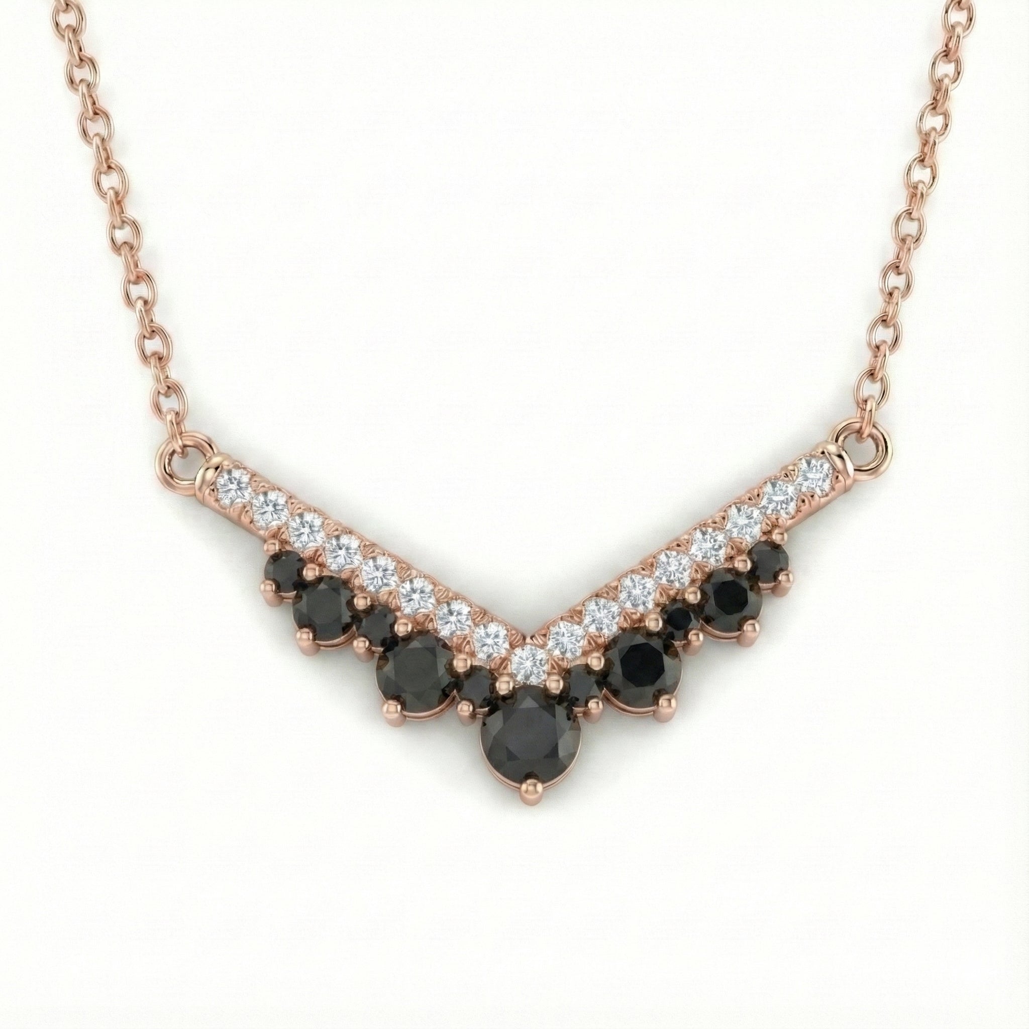 Chevron diamond necklace 14k rose gold pave black diamond pendant with gold chain by la more design jewelry