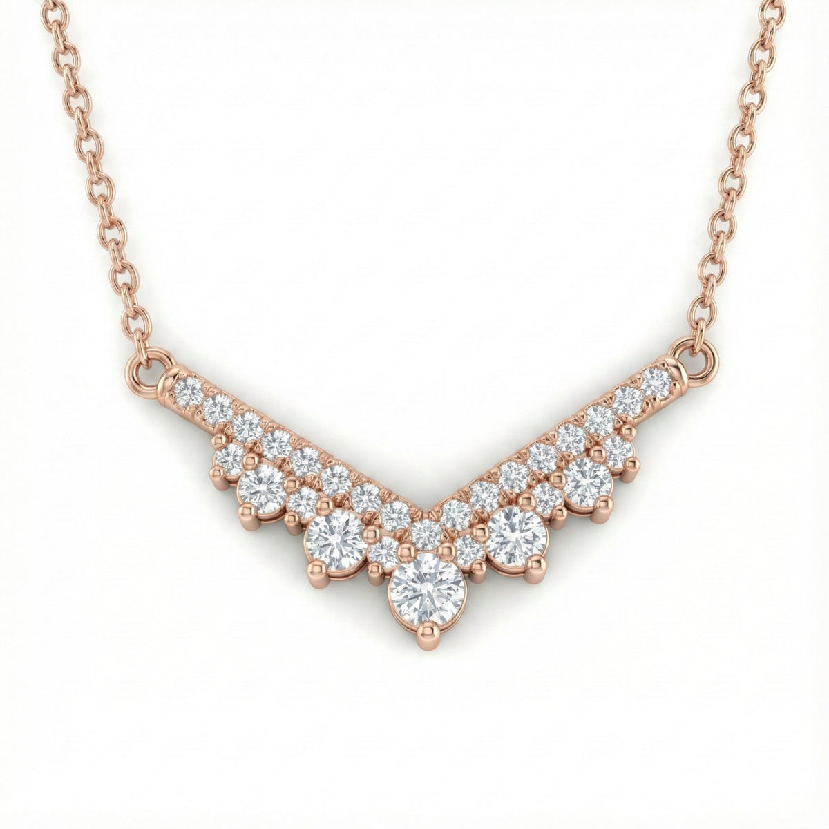 Chevron diamond necklace 14k rose gold pave white diamond pendant with gold chain by la more design jewelry