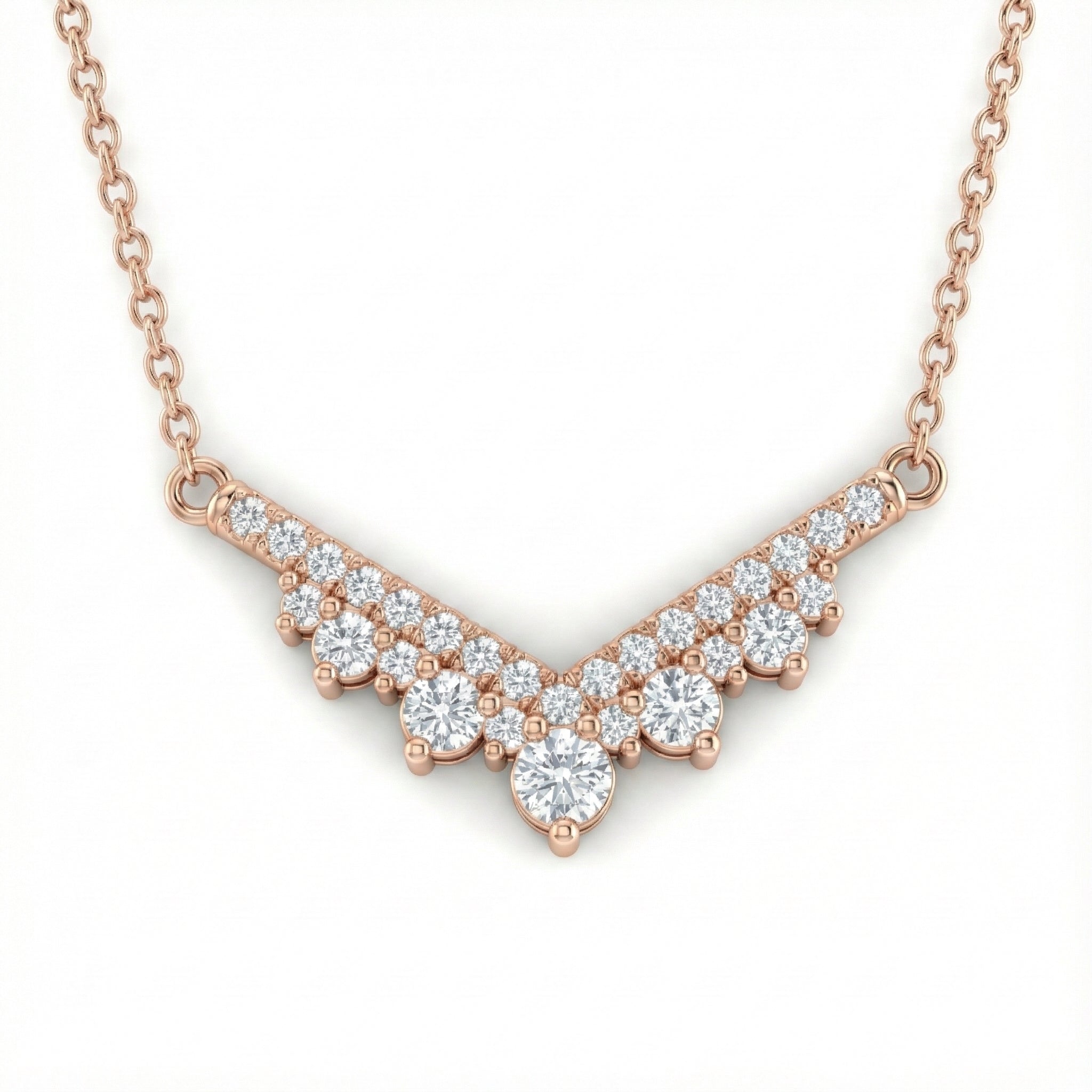 Chevron diamond necklace 14k rose gold pave white diamond pendant with gold chain by la more design jewelry