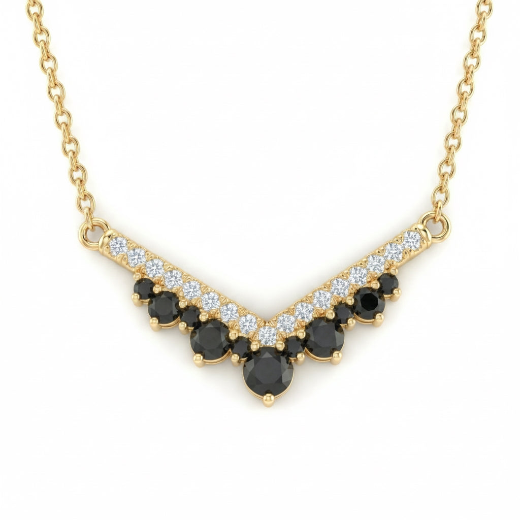 Chevron diamond necklace 14k yellow gold pave black diamond pendant with gold chain by la more design jewelry