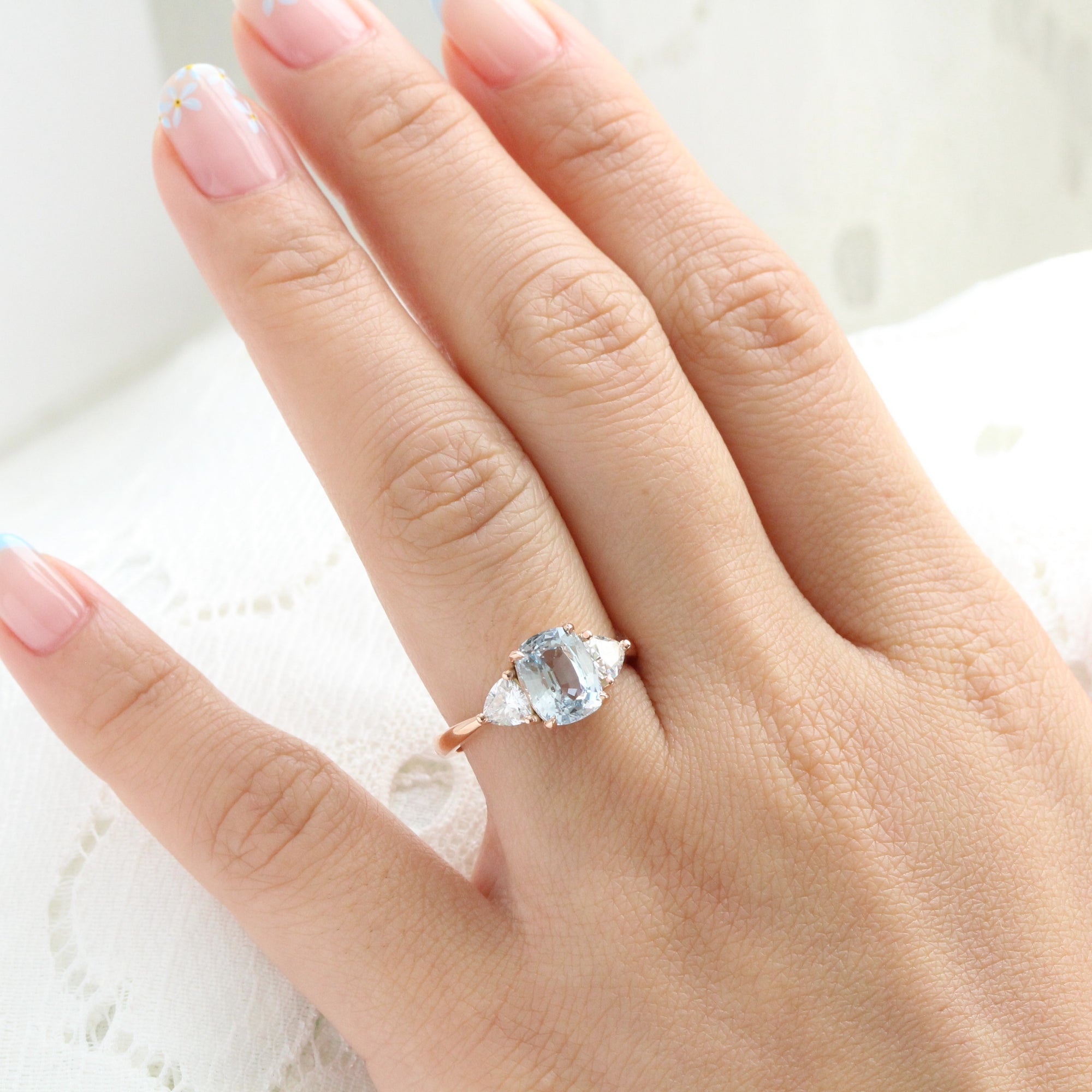 Cushion aqua blue sapphire ring rose gold 3 stone diamond ring la more design jewelry