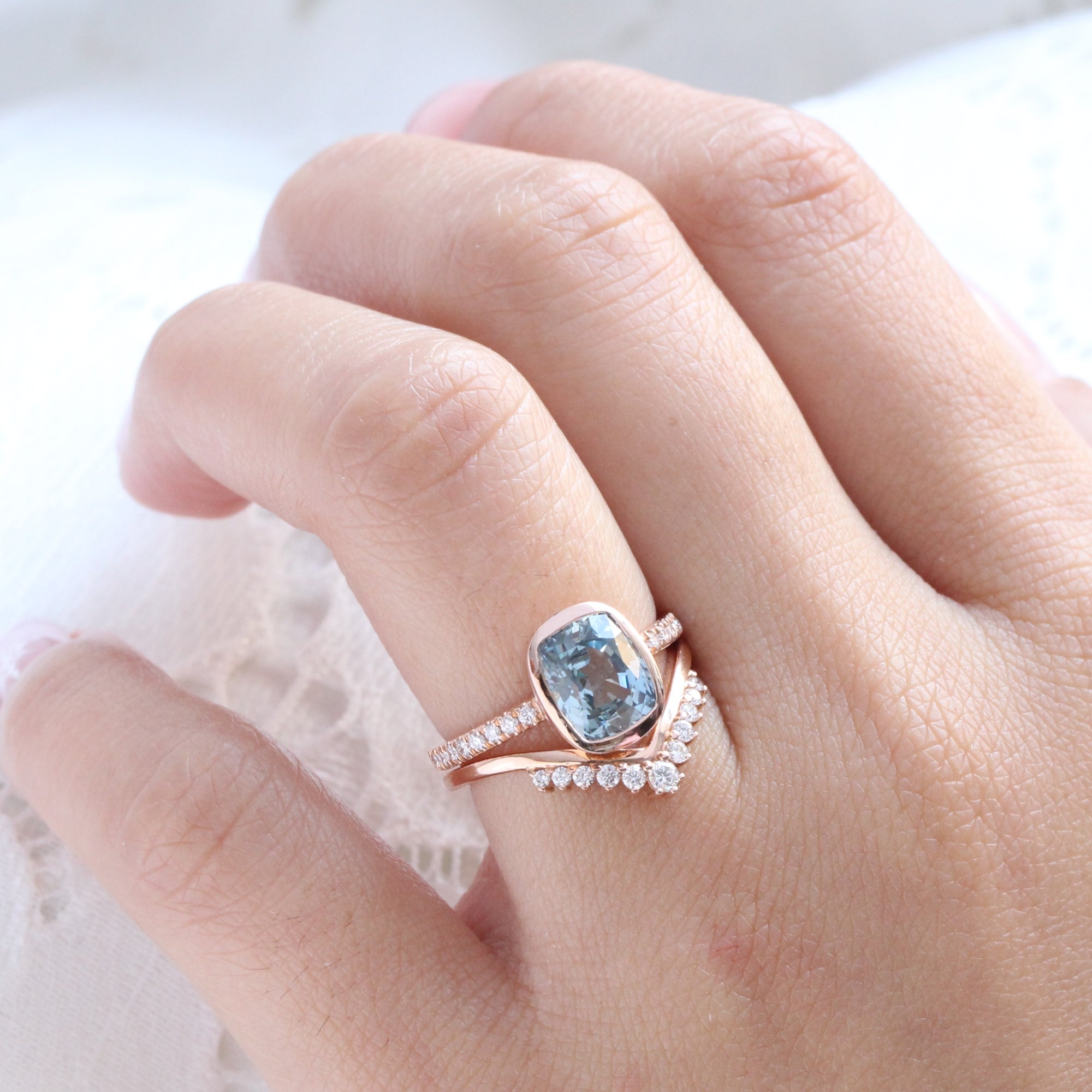 Cushion aqua blue sapphire ring rose gold bezel solitaire pave diamond band la more design jewelry