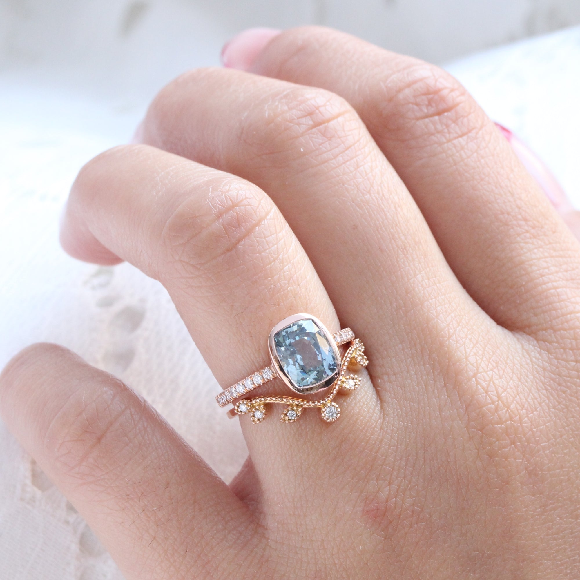 Cushion aqua blue sapphire ring rose gold bezel solitaire pave diamond band la more design jewelry