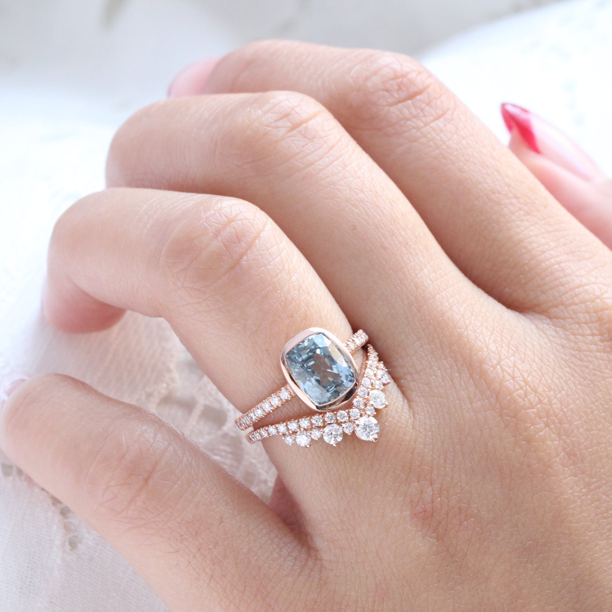 Cushion aqua blue sapphire ring rose gold bezel solitaire pave diamond band la more design jewelry