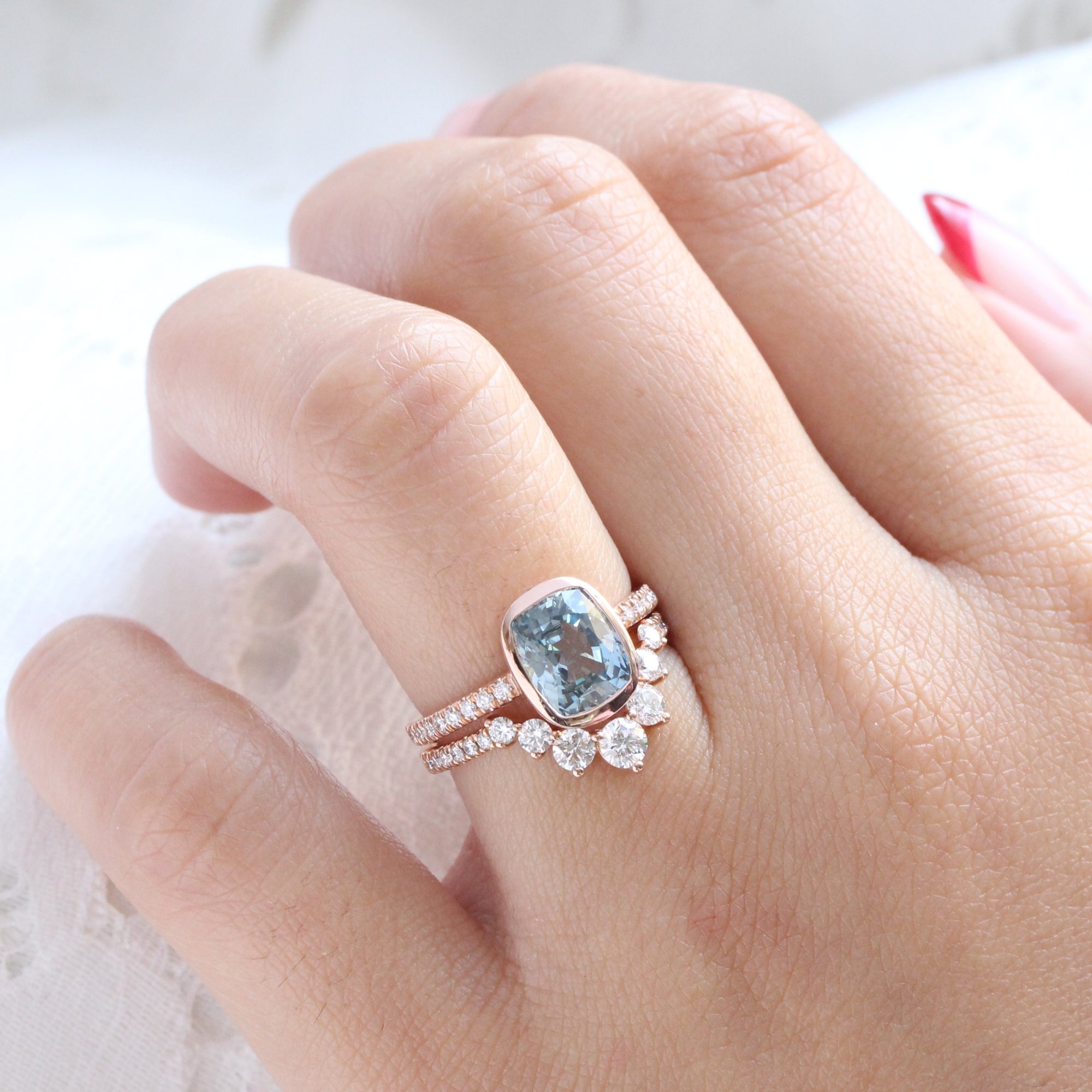 Cushion aqua blue sapphire ring rose gold bezel solitaire pave diamond band la more design jewelry