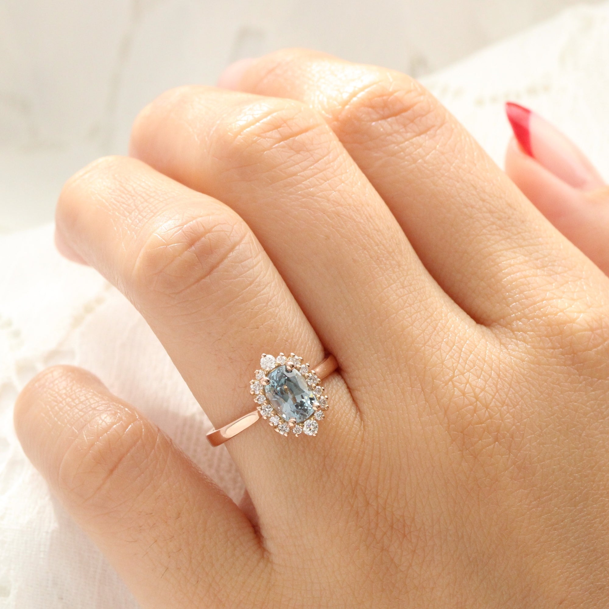 Cushion aqua blue sapphire ring rose gold halo diamond sapphire engagement ring la more design jewelry