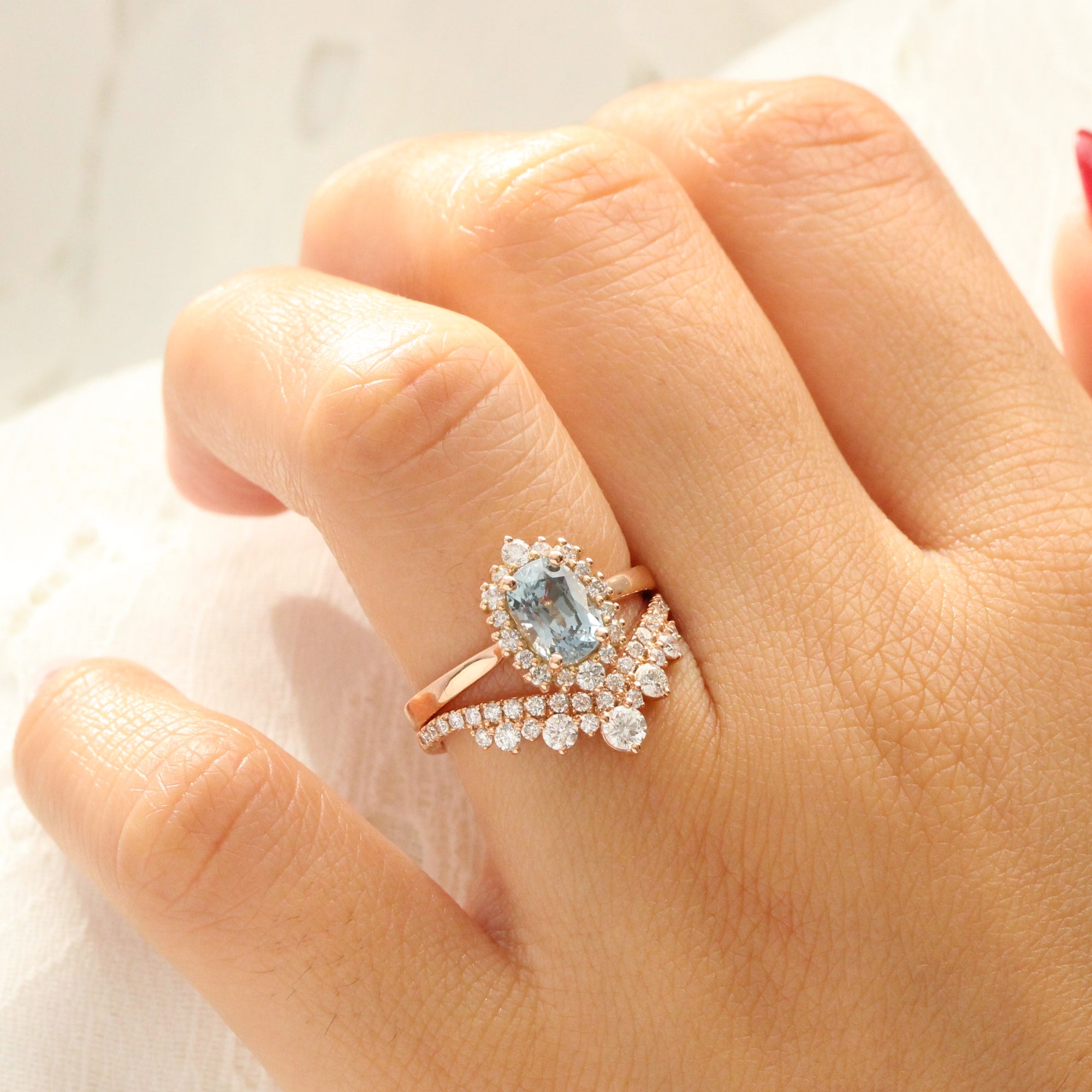 Cushion Teal Blue Sapphire Engagement Ring Rose Gold Halo Diamond