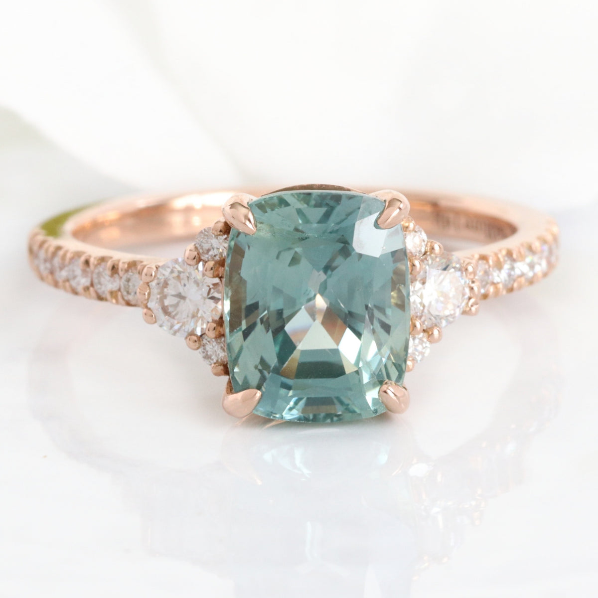Elongated cushion sapphire engagement ring rose gold green sapphire diamond 3 stone ring la more design jewelry