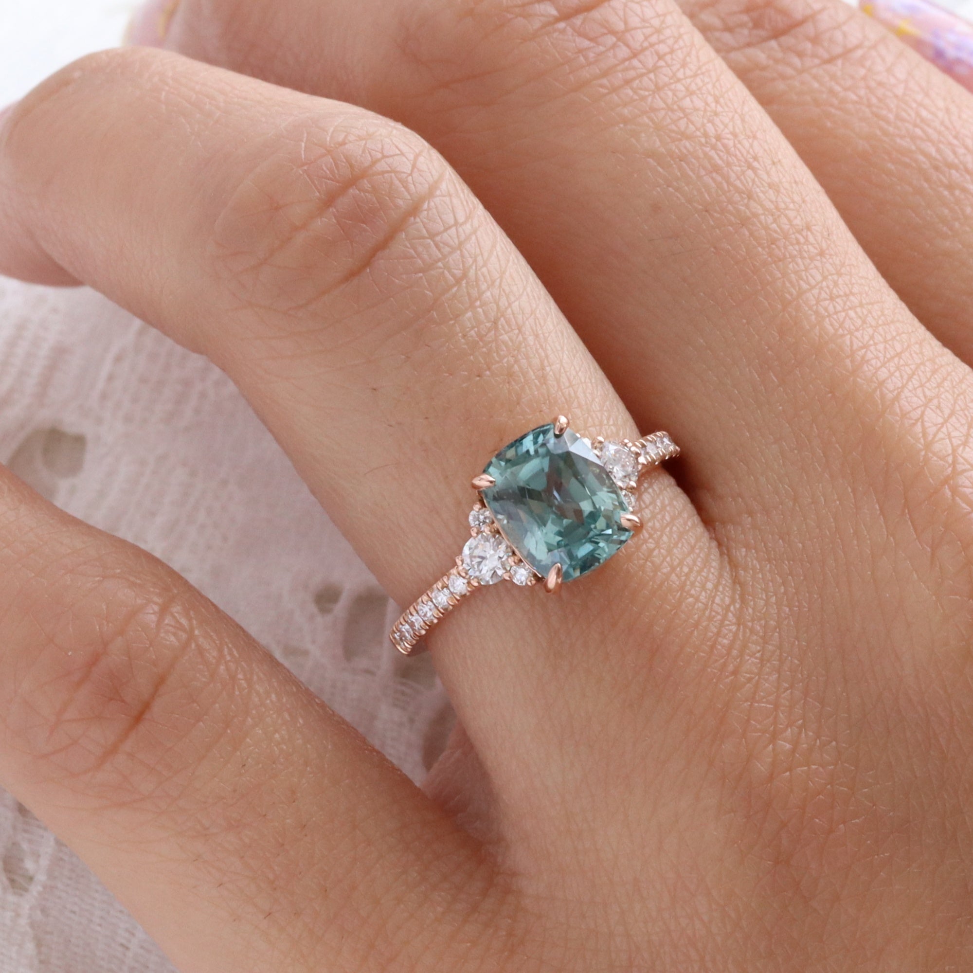Elongated cushion sapphire engagement ring rose gold green sapphire diamond 3 stone ring la more design jewelry