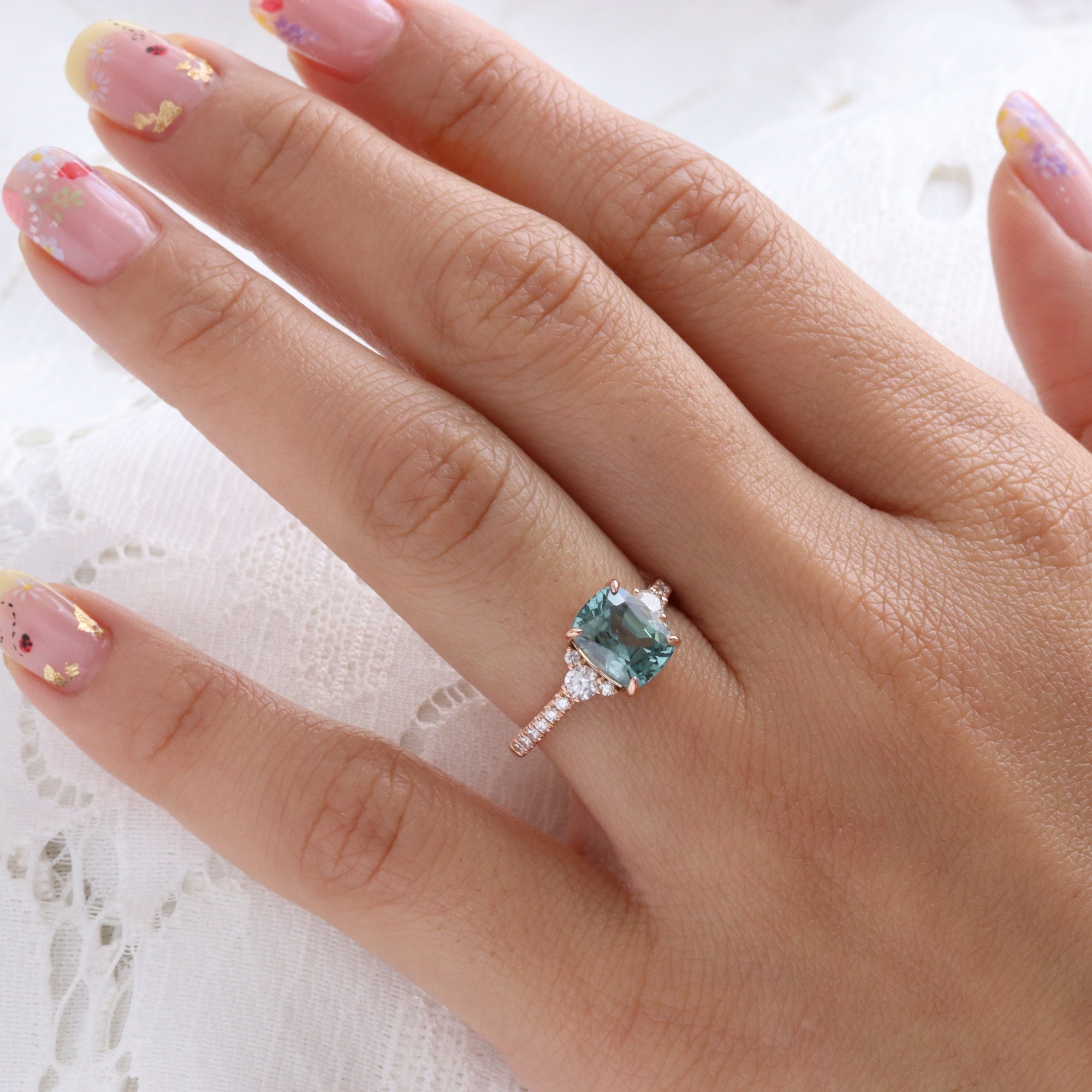 Elongated cushion sapphire engagement ring rose gold green sapphire diamond 3 stone ring la more design jewelry