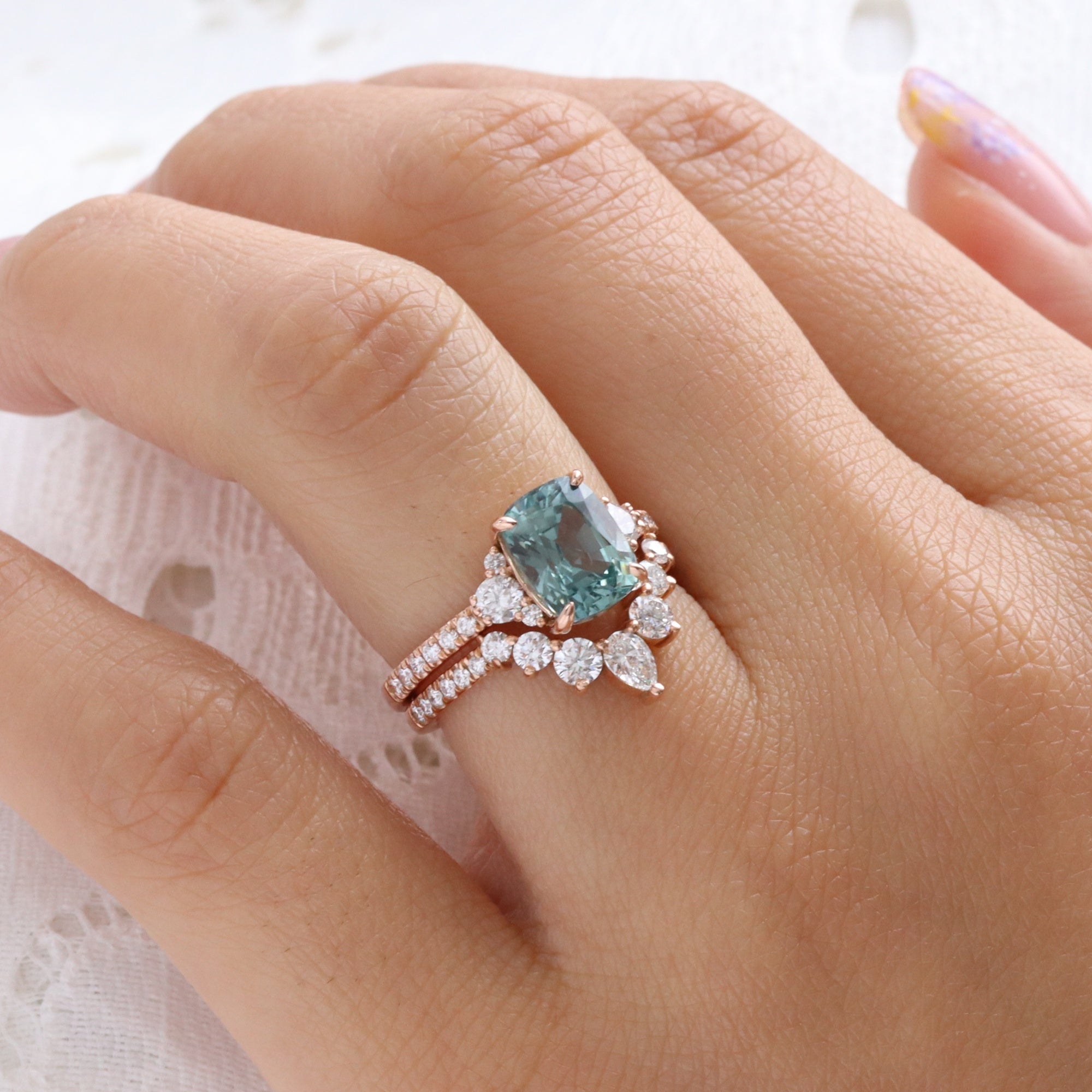 Elongated cushion sapphire engagement ring rose gold green sapphire diamond 3 stone ring la more design jewelry