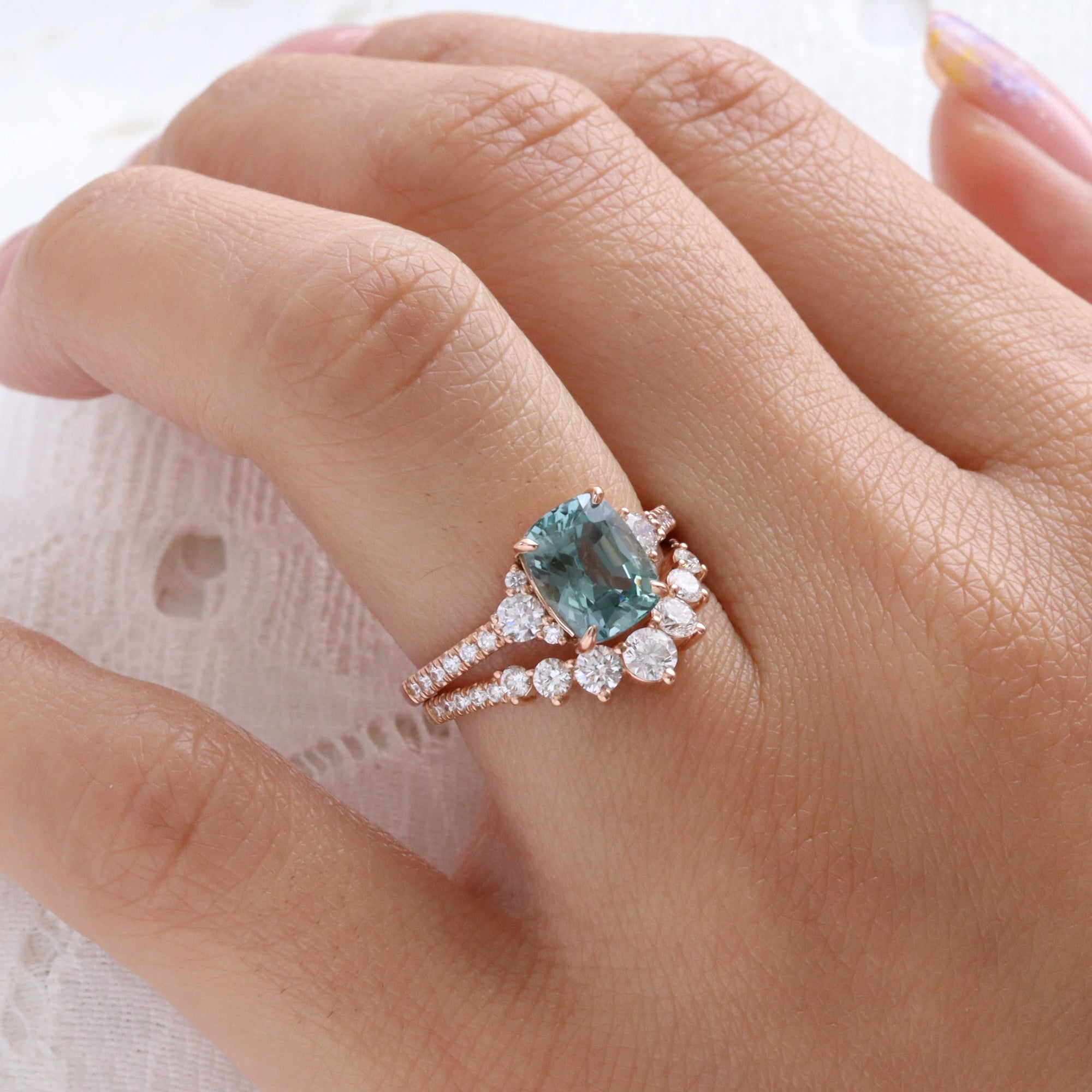Elongated cushion sapphire engagement ring rose gold green sapphire diamond 3 stone ring la more design jewelry