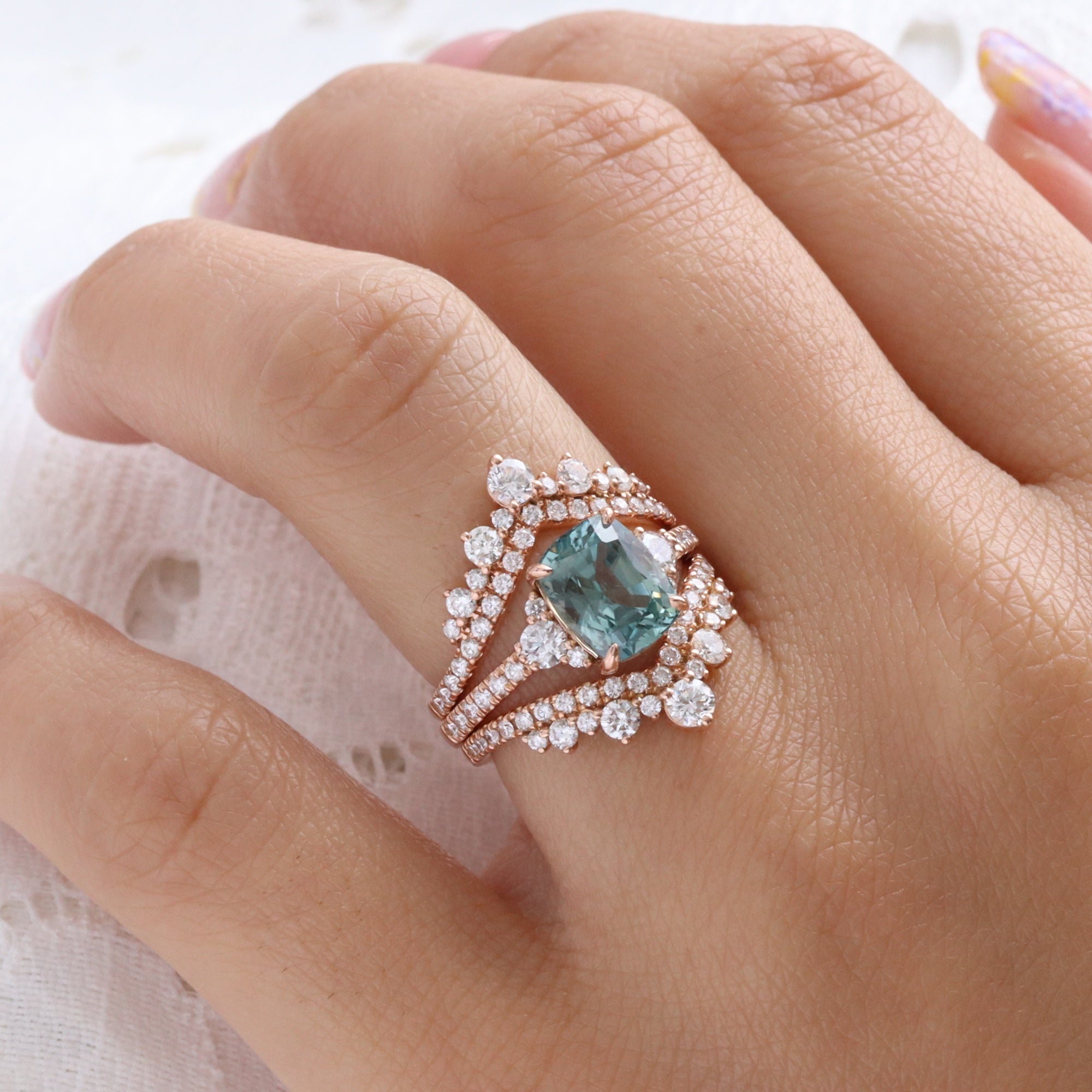 Elongated cushion sapphire engagement ring rose gold green sapphire diamond 3 stone ring la more design jewelry