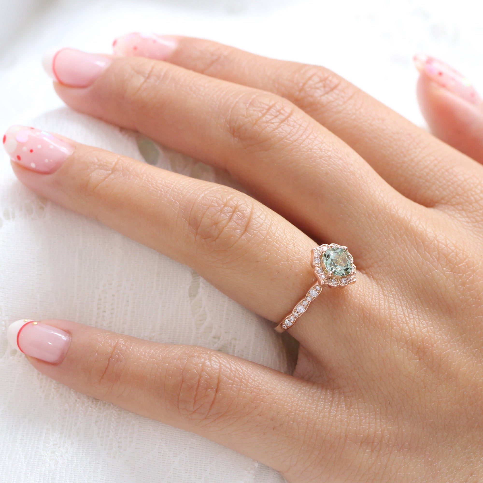 Mini Vintage Floral Sea-foam Green Sapphire Ring in 14k Rose Gold Scalloped Diamond Band, Size 6.25