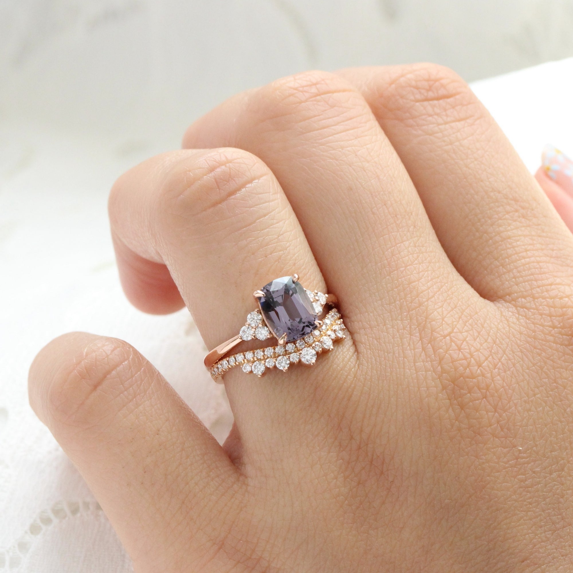 Cushion grey spinel diamond ring rose gold 3 stone engagement ring la more design jewelry