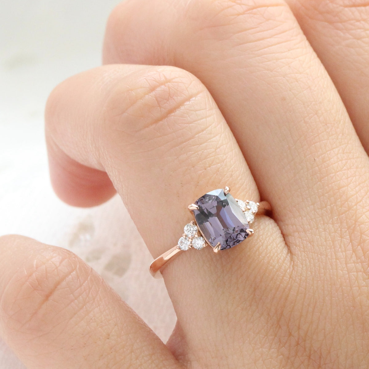 Cushion grey spinel diamond ring rose gold 3 stone engagement ring la more design jewelry