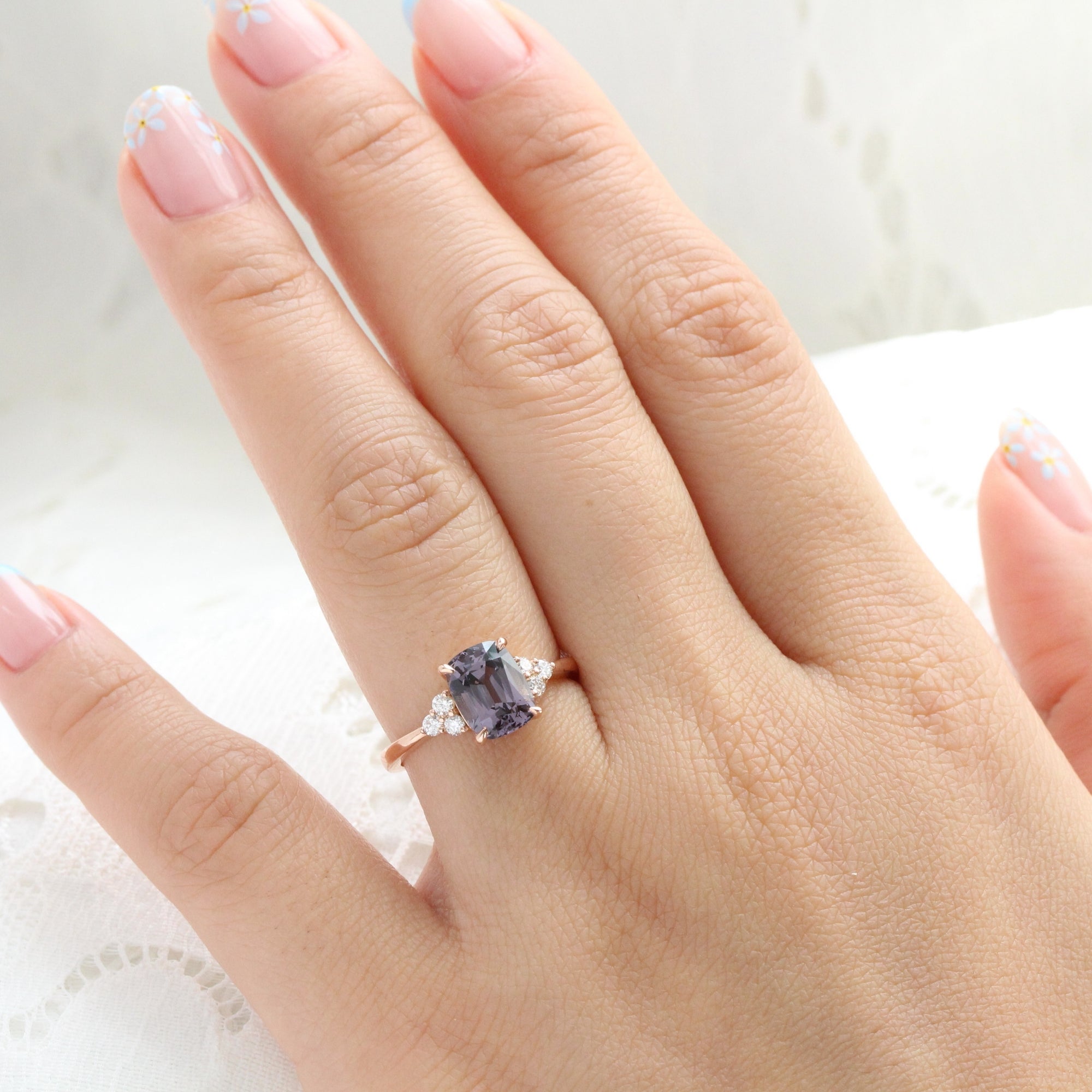 Cushion grey spinel diamond ring rose gold 3 stone engagement ring la more design jewelry