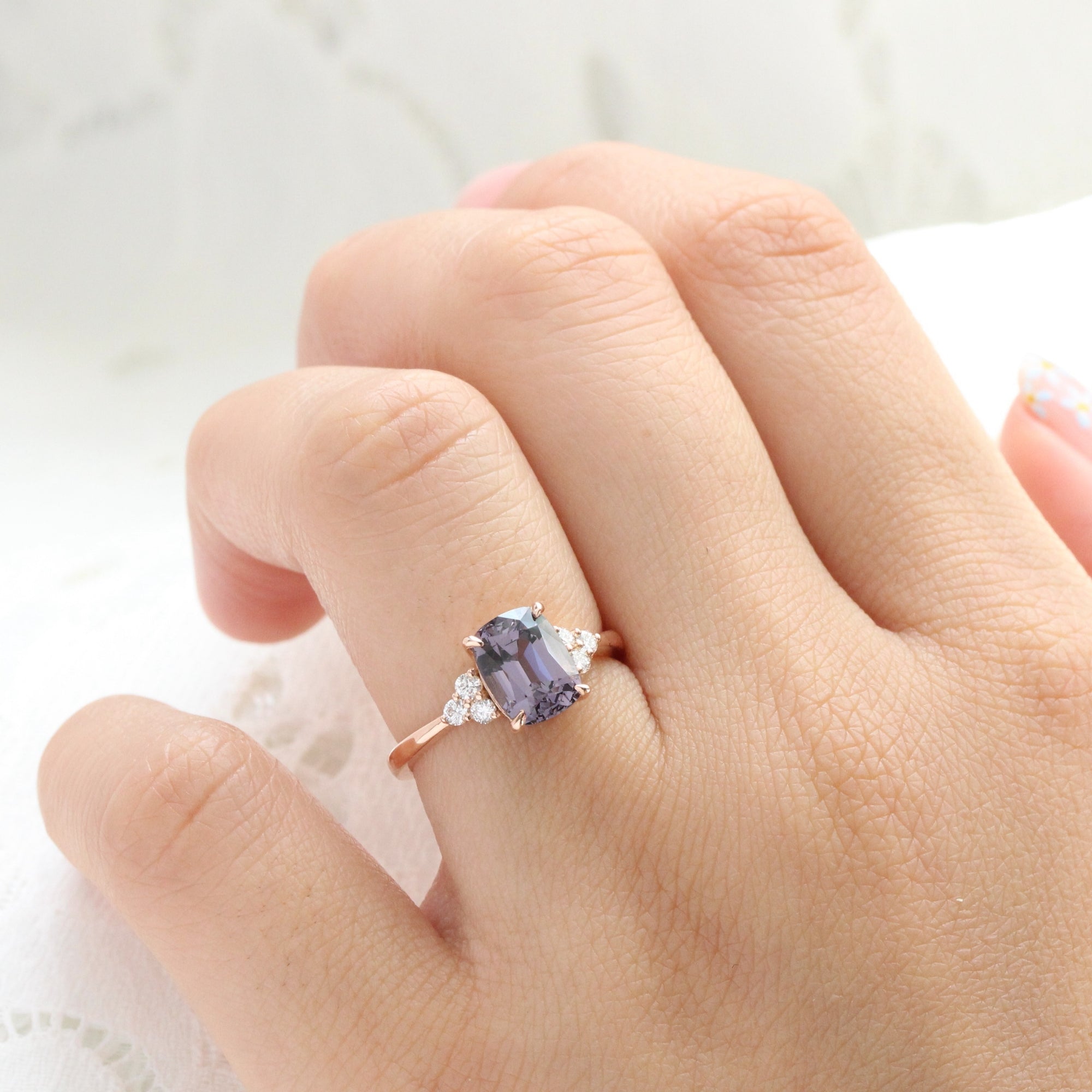 Cushion grey spinel diamond ring rose gold 3 stone engagement ring la more design jewelry