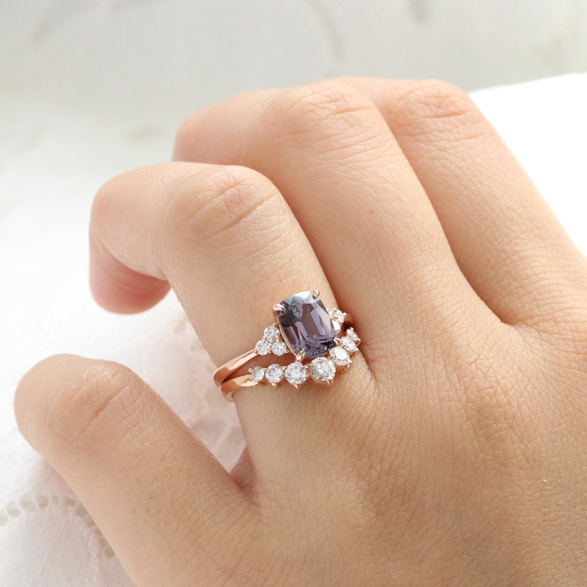 Cushion grey spinel diamond ring rose gold 3 stone engagement ring la more design jewelry