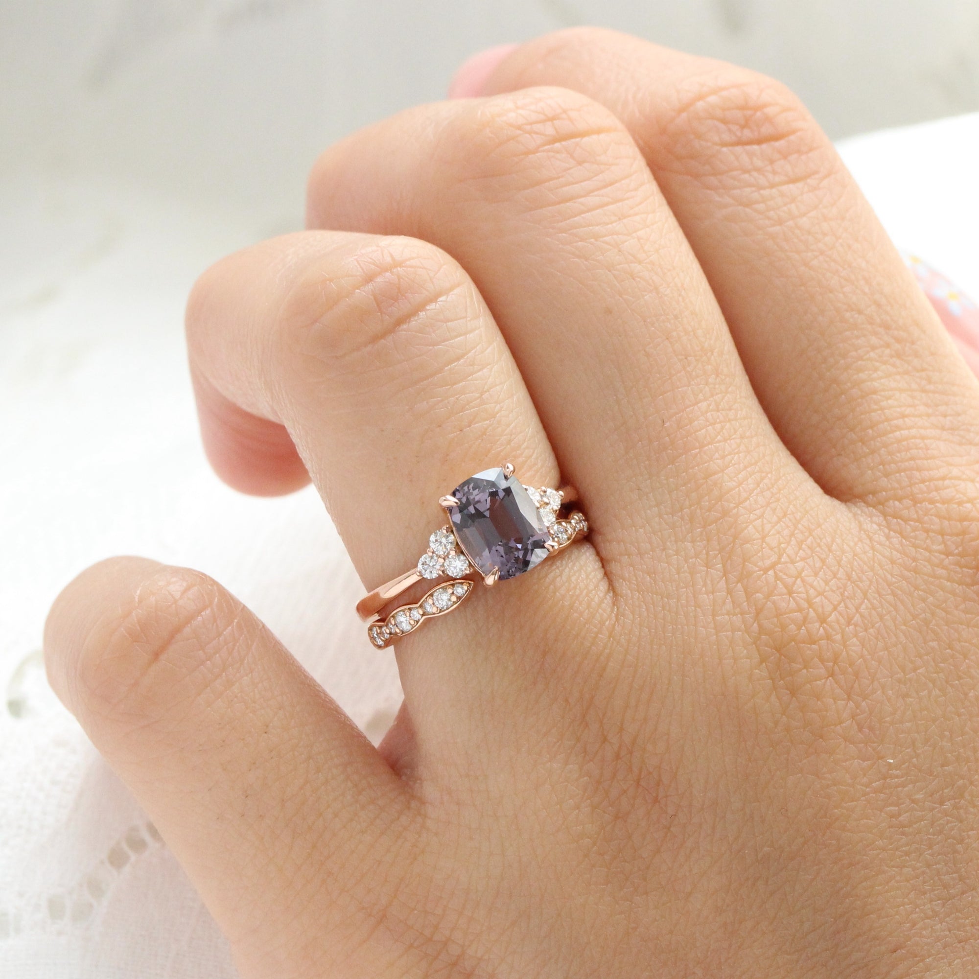 Cushion grey spinel diamond ring rose gold 3 stone engagement ring la more design jewelry