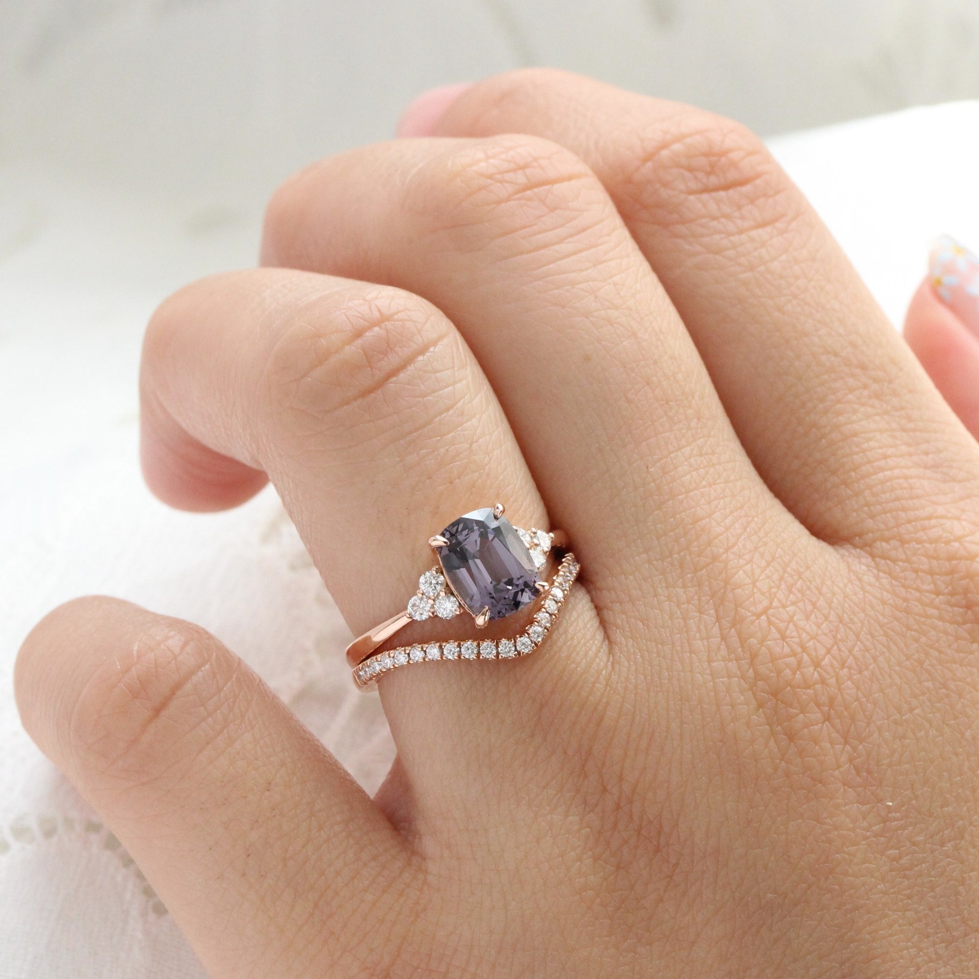 Cushion grey spinel diamond ring rose gold 3 stone engagement ring la more design jewelry