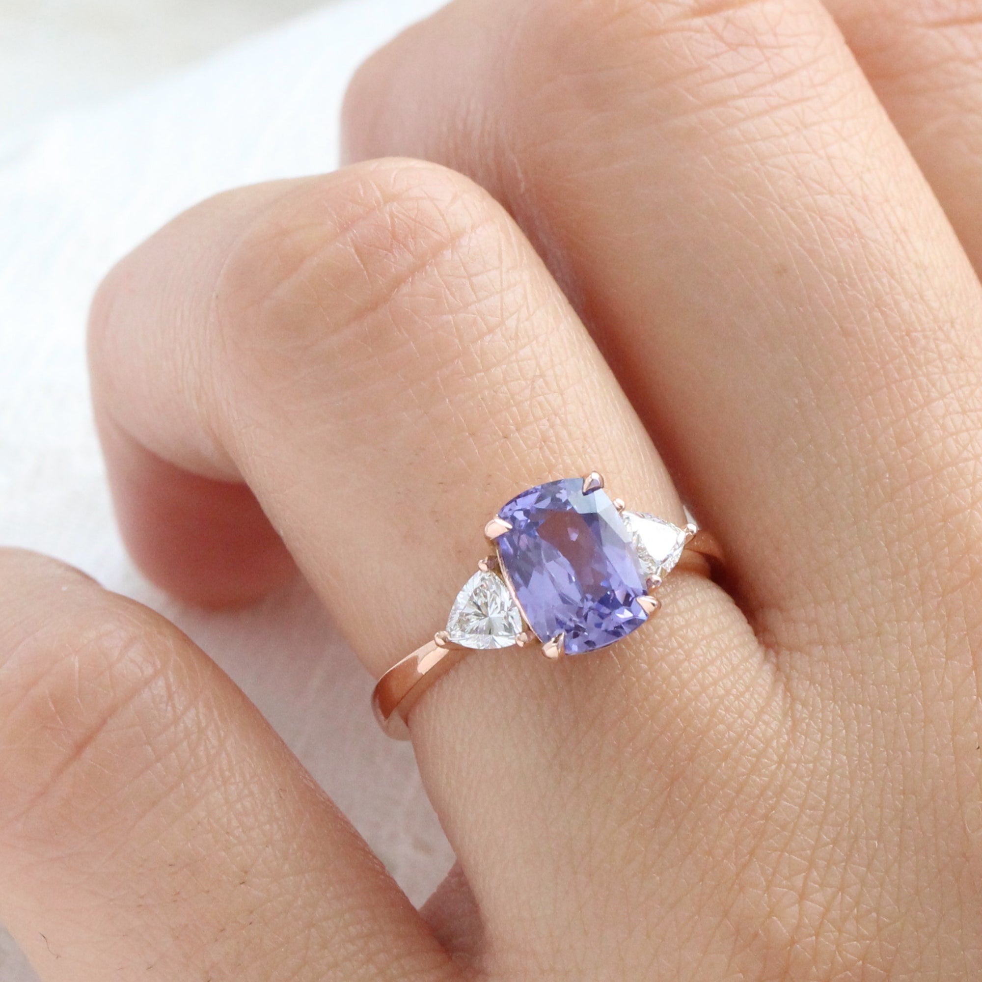 Cushion lavender purple sapphire ring rose gold 3 stone diamond ring la more design jewelry
